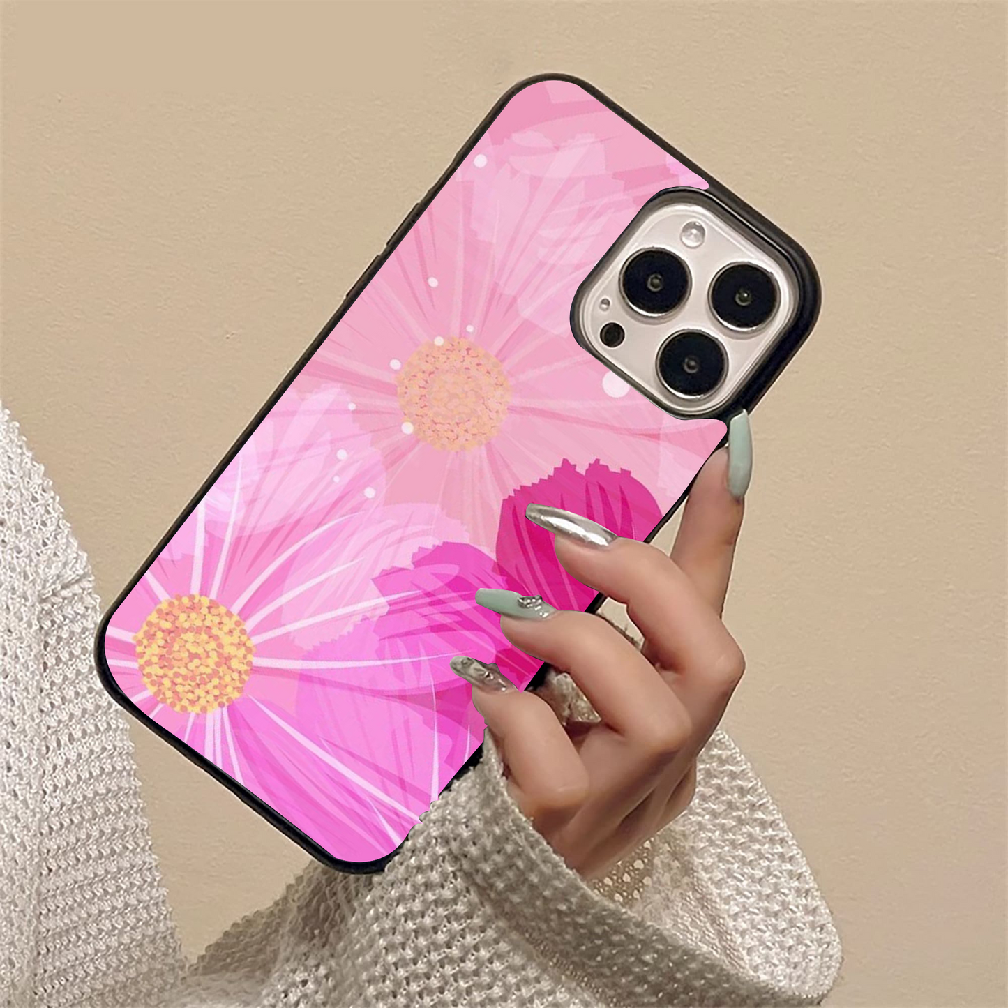 Vibrant Pink Floral Design Glass Case