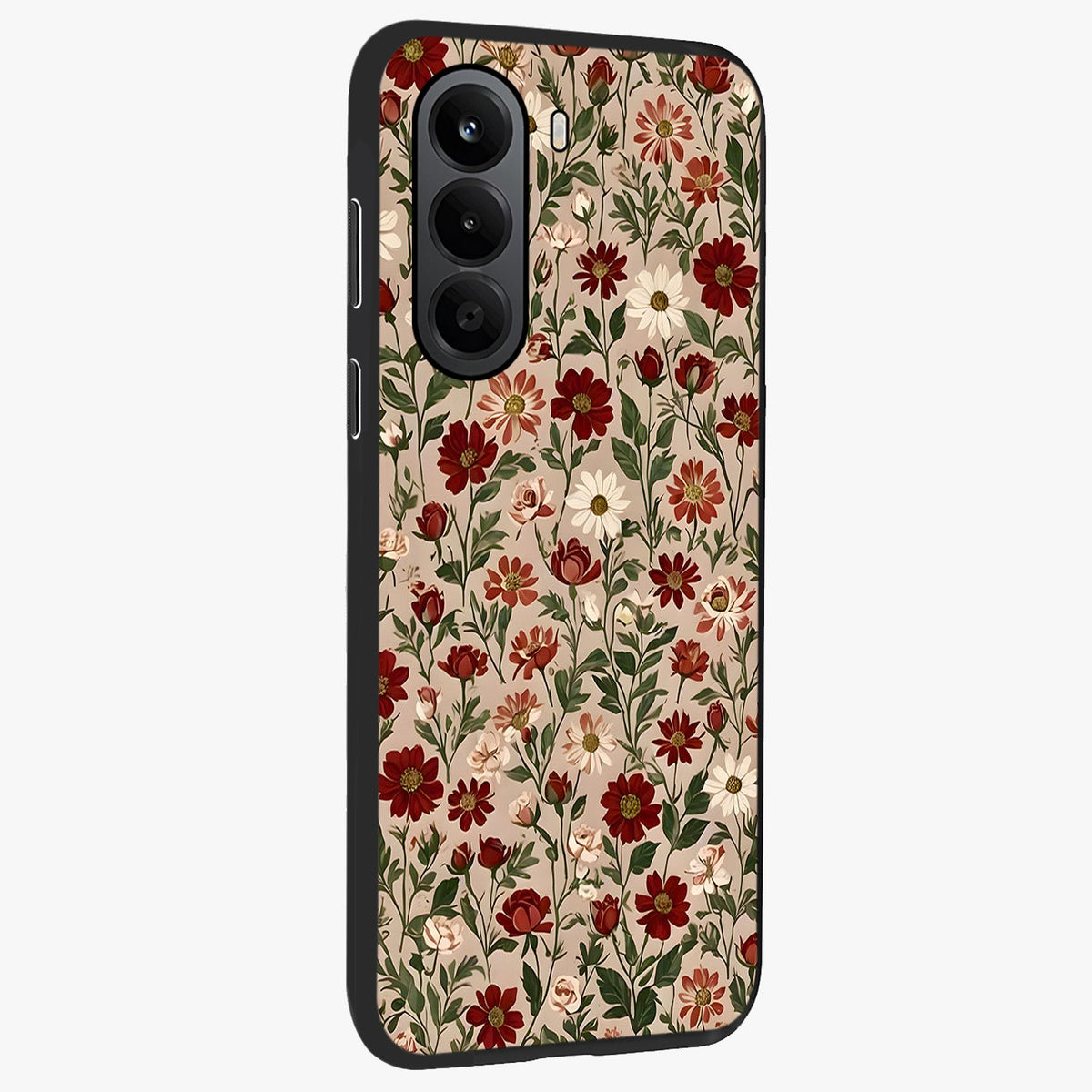 Biege Flower With Leaf Glass Case upright view showcasing delicate beige flower illustration with clean botanical style.