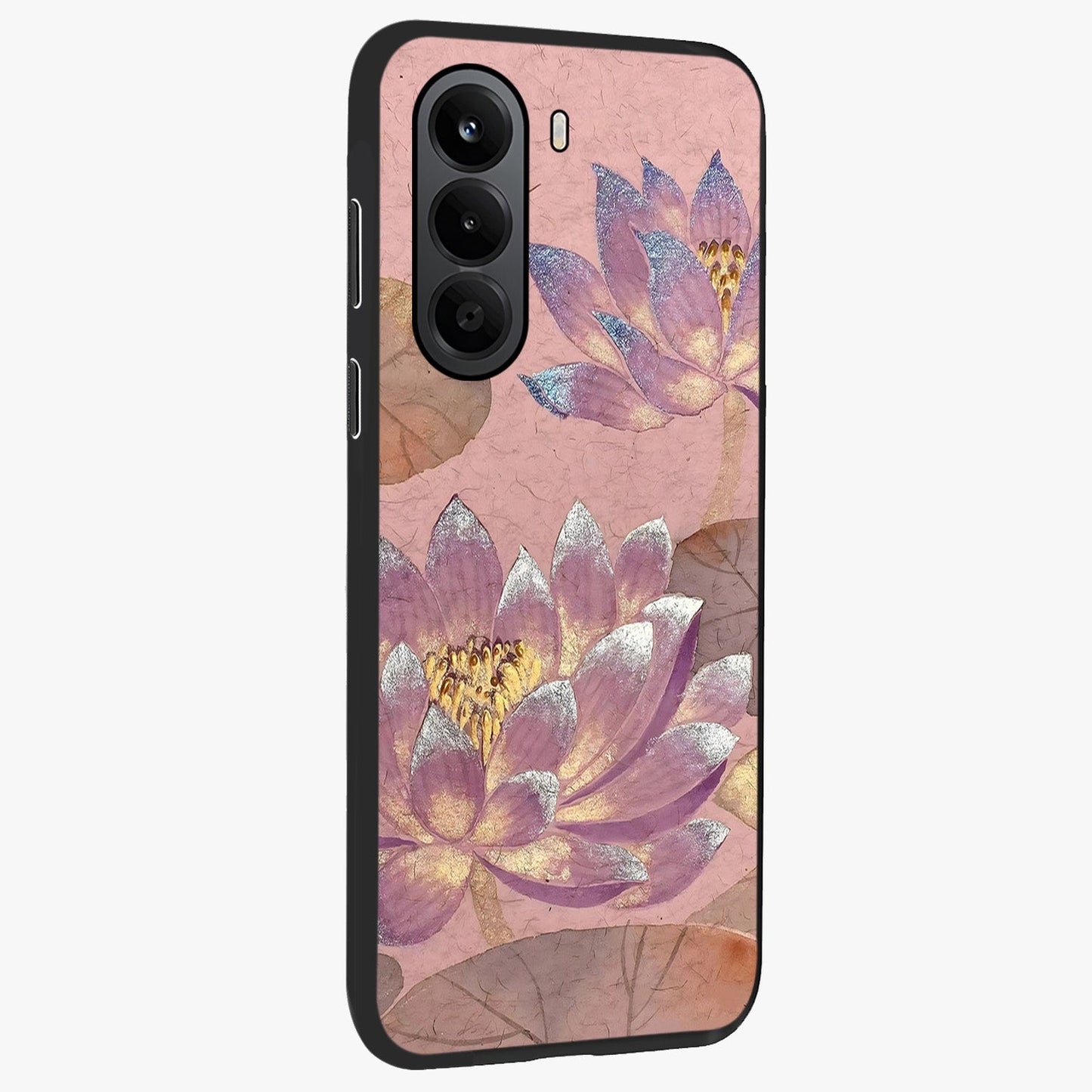 Blossom Mist Lotus Glass Case upright view showcasing graceful lotus flower design with peaceful botanical style.