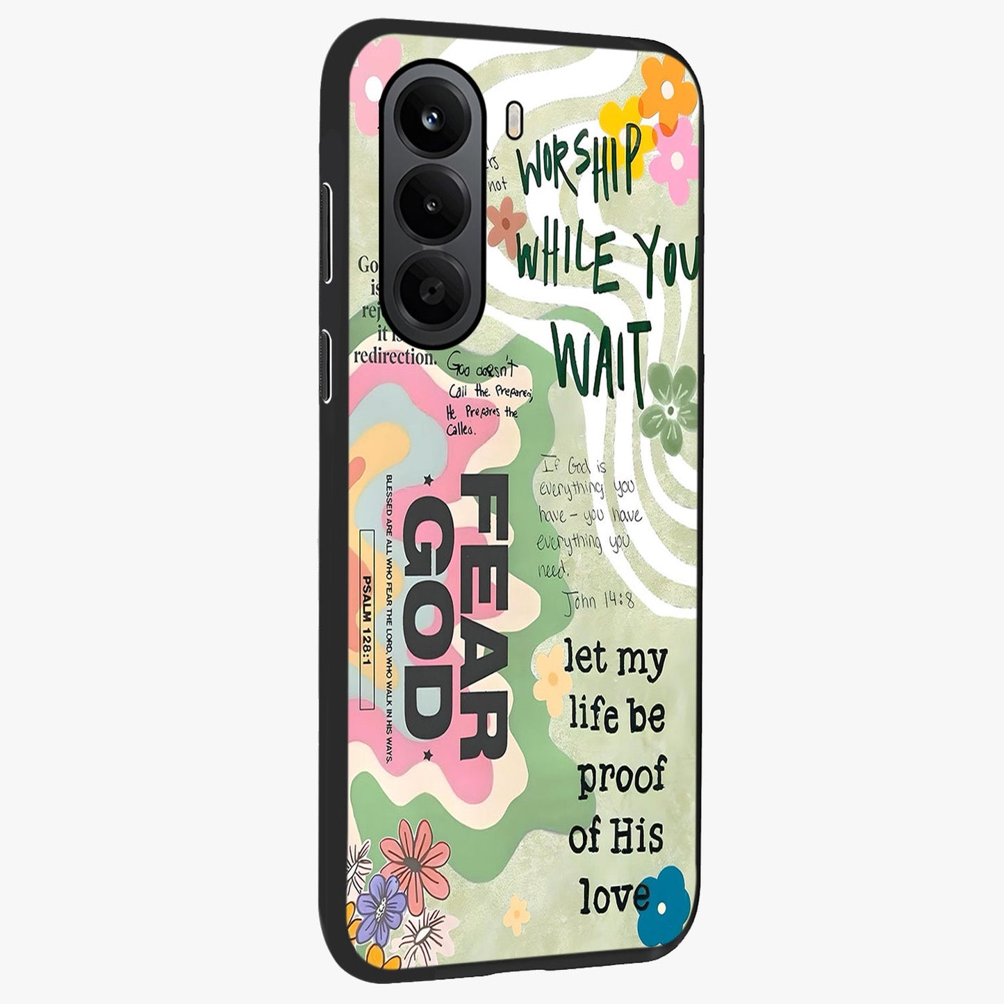 Faith Over Fear Glass Case upright view showcasing bold typography artwork with uplifting motivational theme.