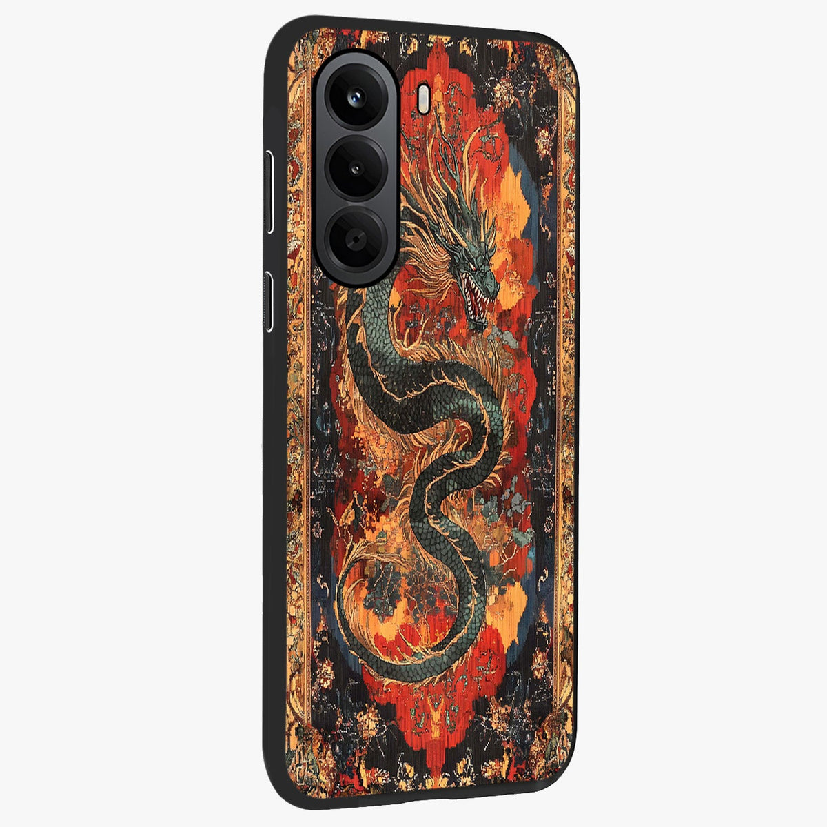 Inferno Dragon Soul Glass Case upright view showcasing intense dragon artwork with fantasy fire theme.