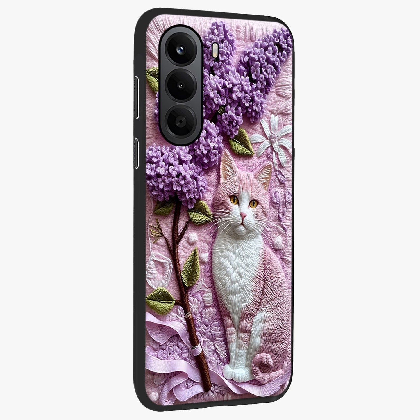 Lavender Cat Whimsy Glass Case upright view showcasing charming cat artwork with whimsical lavender theme.