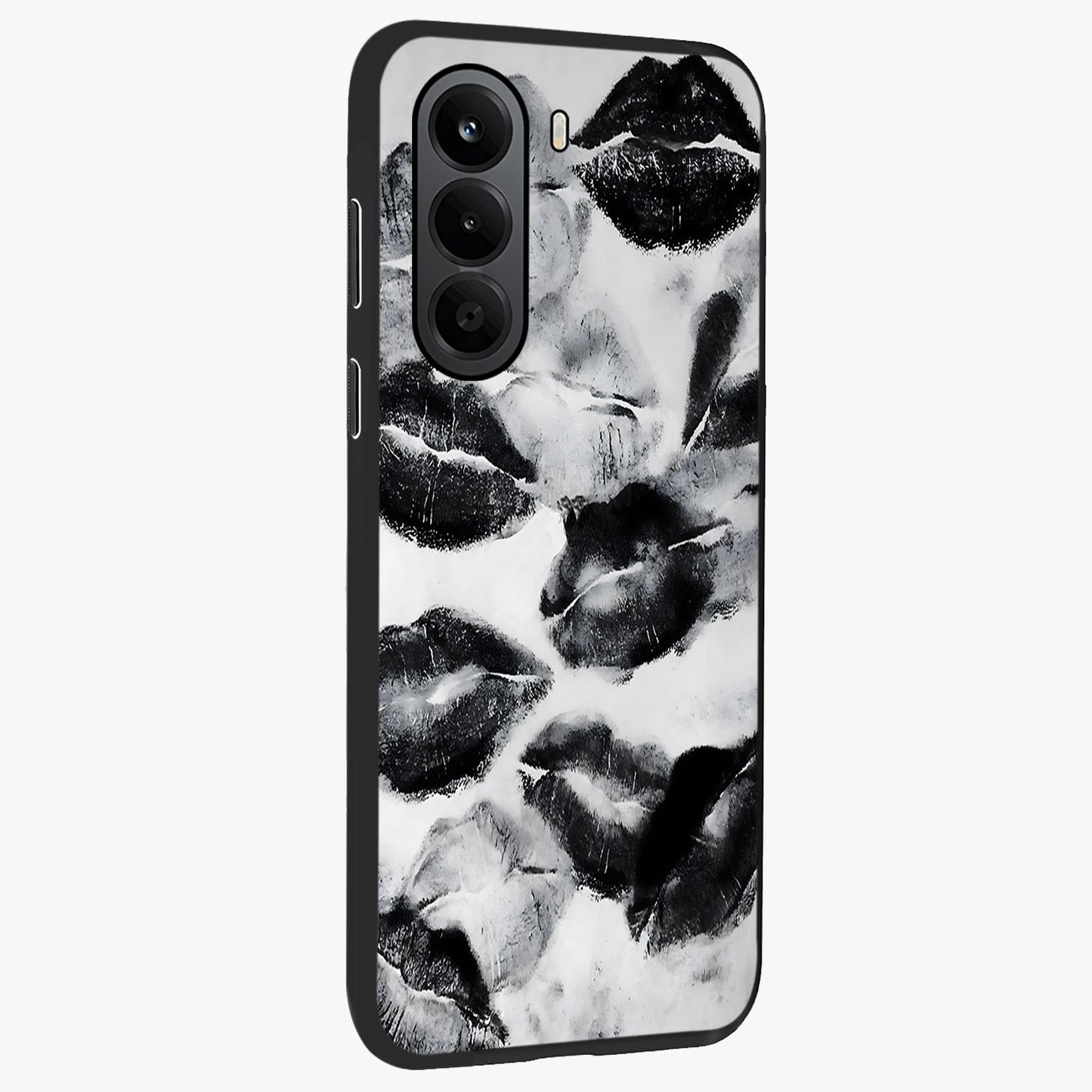 Midnight Kiss Marks Glass Case upright view showcasing stylish kiss mark artwork with trendy romantic theme.