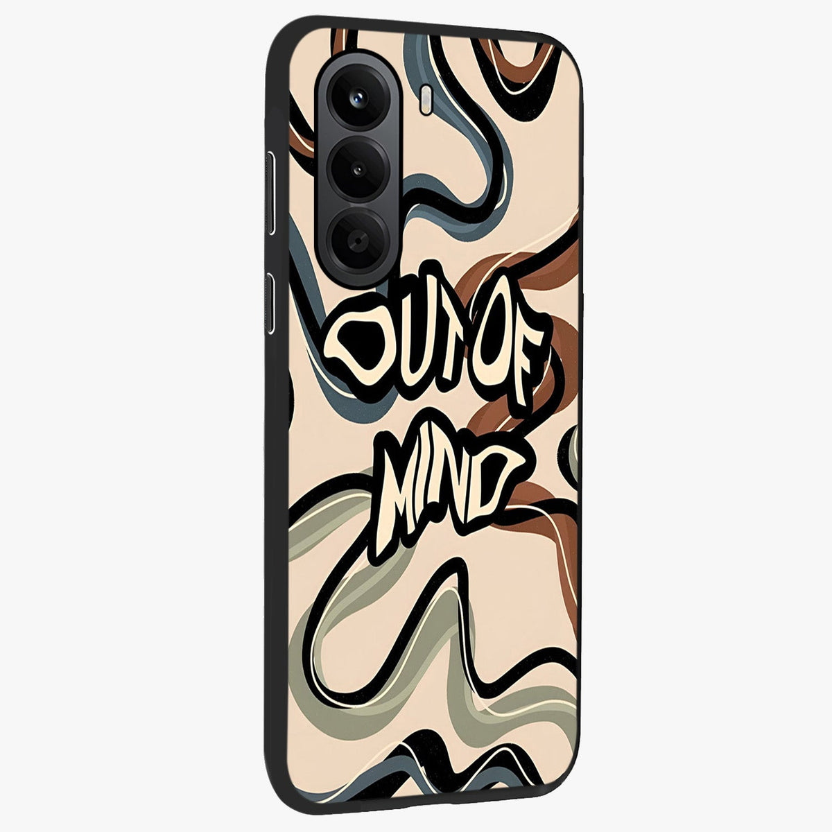 Out Of Mind Glass Case upright view showcasing striking typography artwork with edgy conceptual theme.