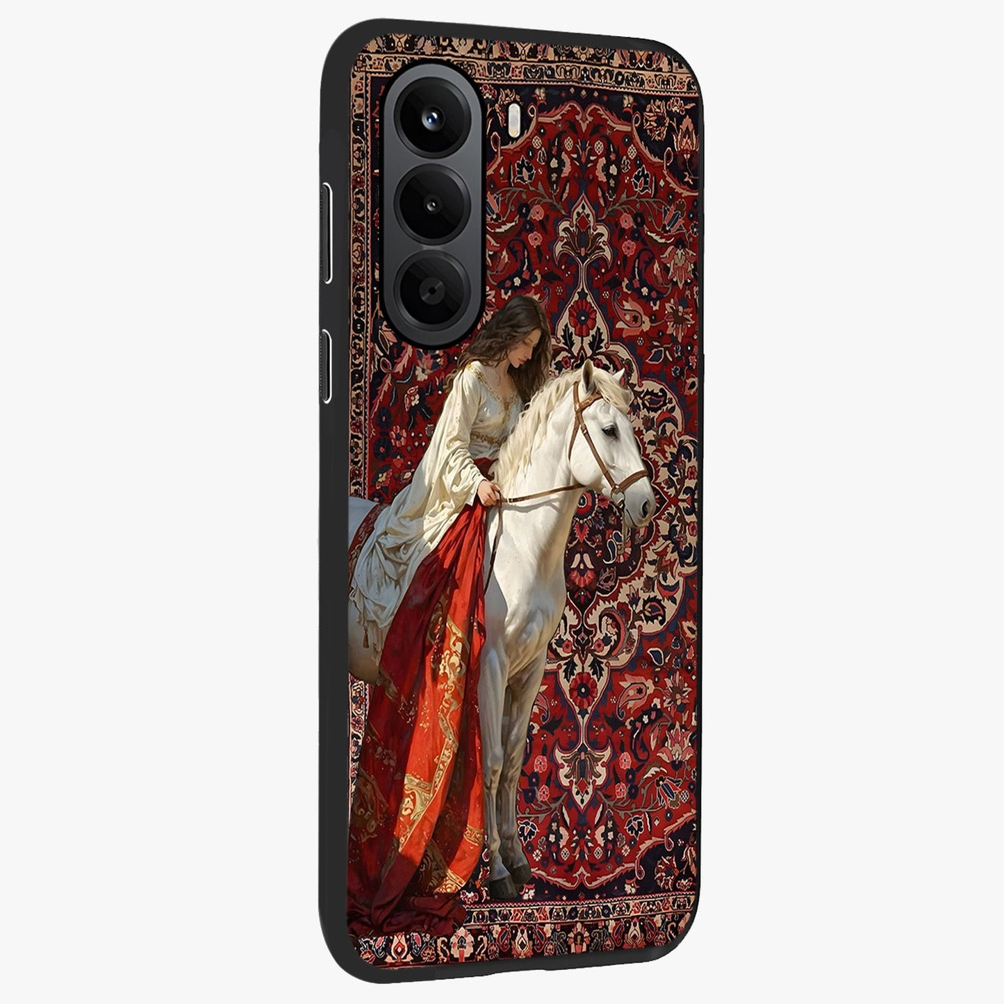 Royal Rider Tapestry Glass Case upright view showcasing detailed rider artwork with classic tapestry theme.