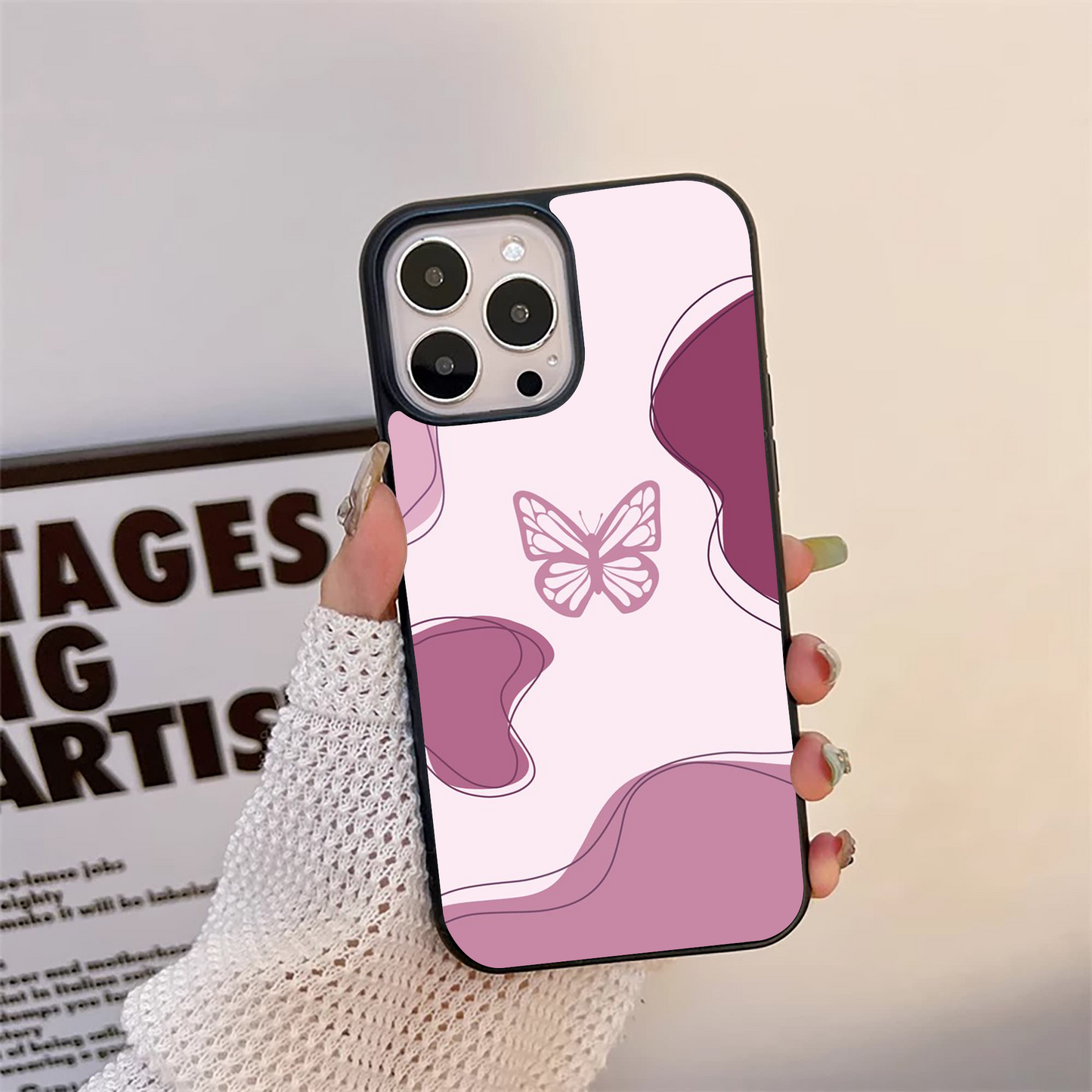 Aesthetic Pinkish Custom Name Butterfly Glass Case