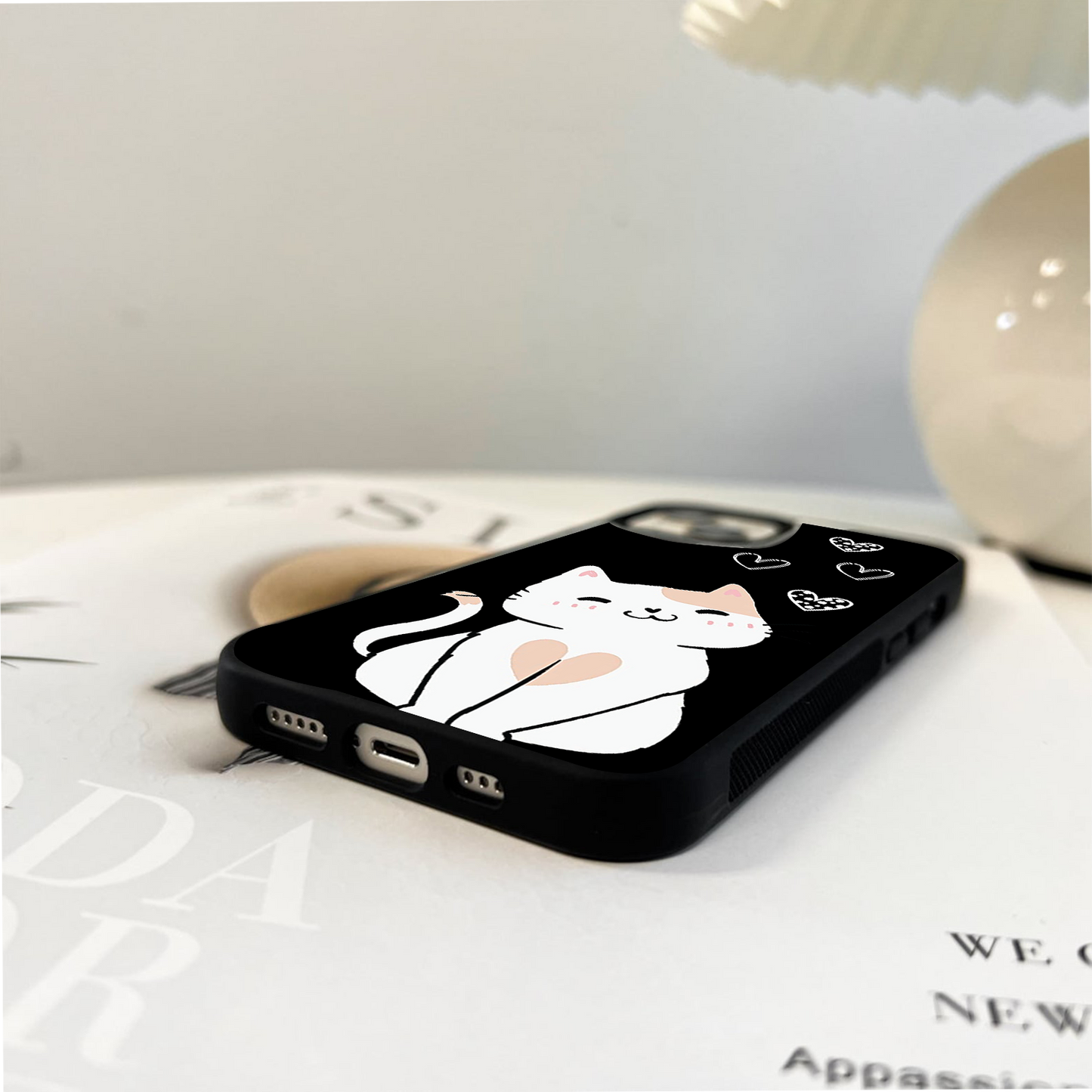 White Cute Cat Glass Case