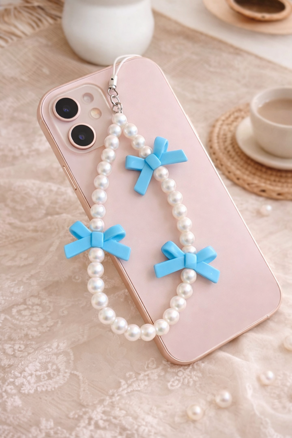Blue Bow Pearl Phone Charm