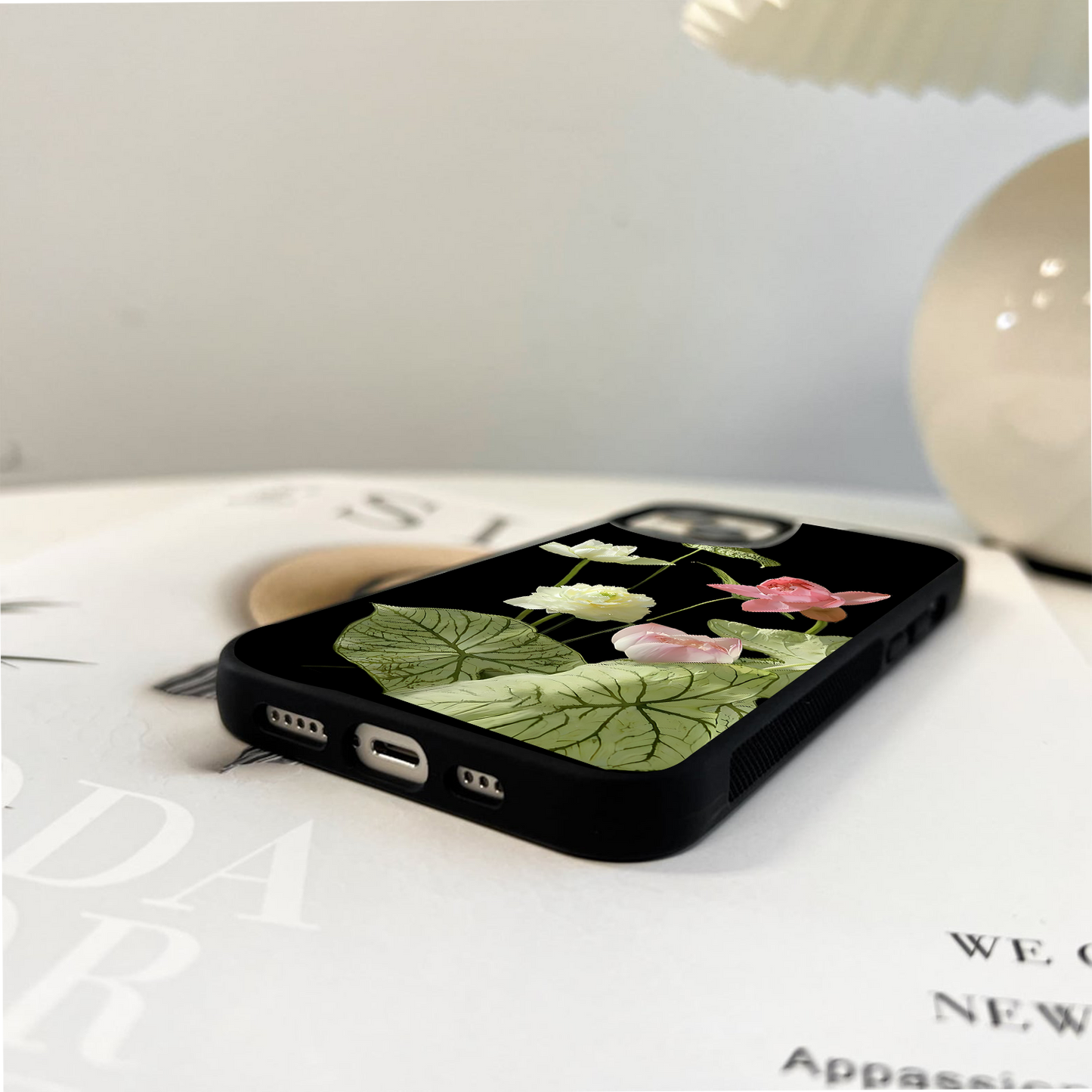 Lotus Flowers & Leaves Glass Case