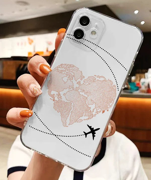 World- Heart Map Travel With Black Airplane Soft Clear Silicon Case Cover