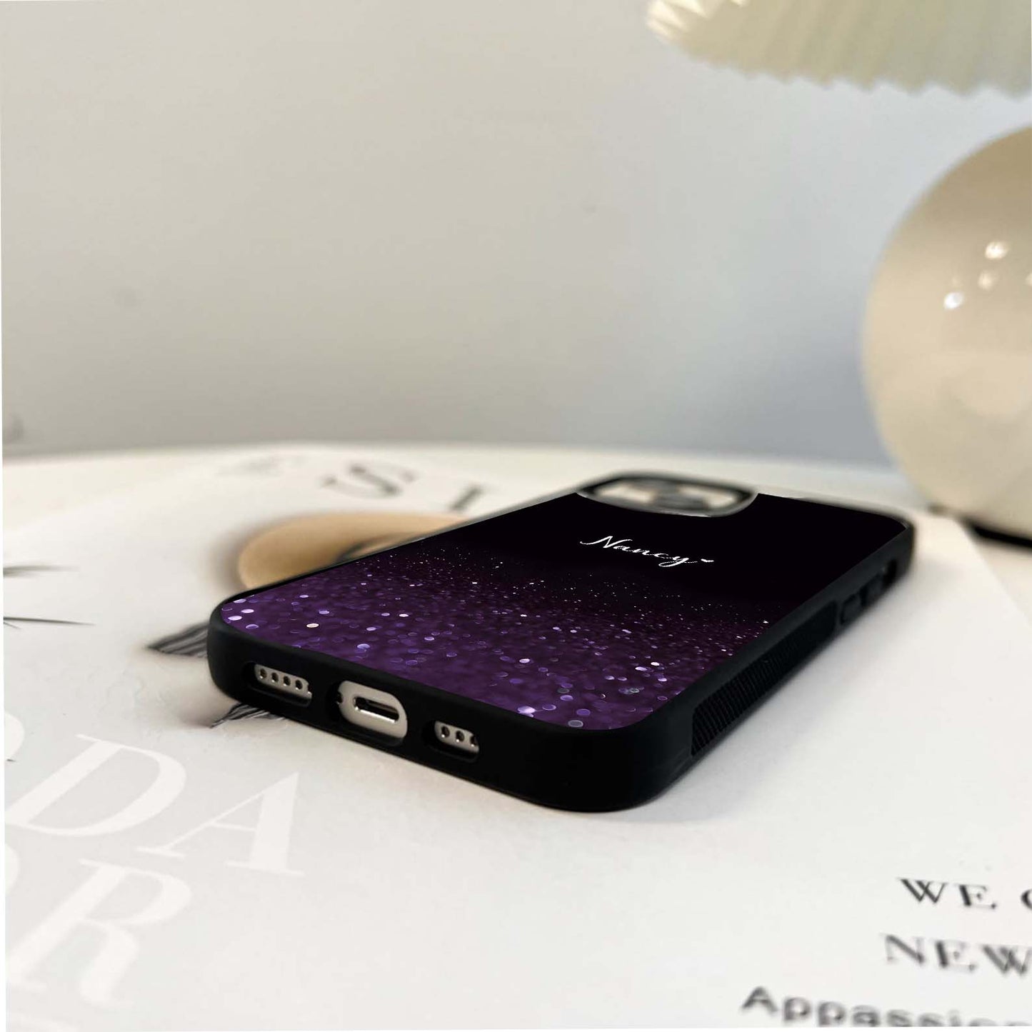 Glittery Purple Bokeh Custom Name Glass Case