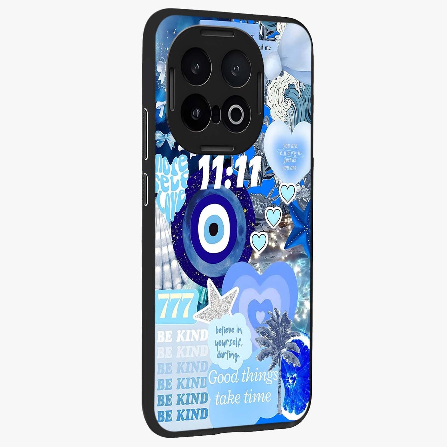 Aesthetic Be Kind Eye Glass Case upright view showcasing stylish eye illustration with positive message theme.