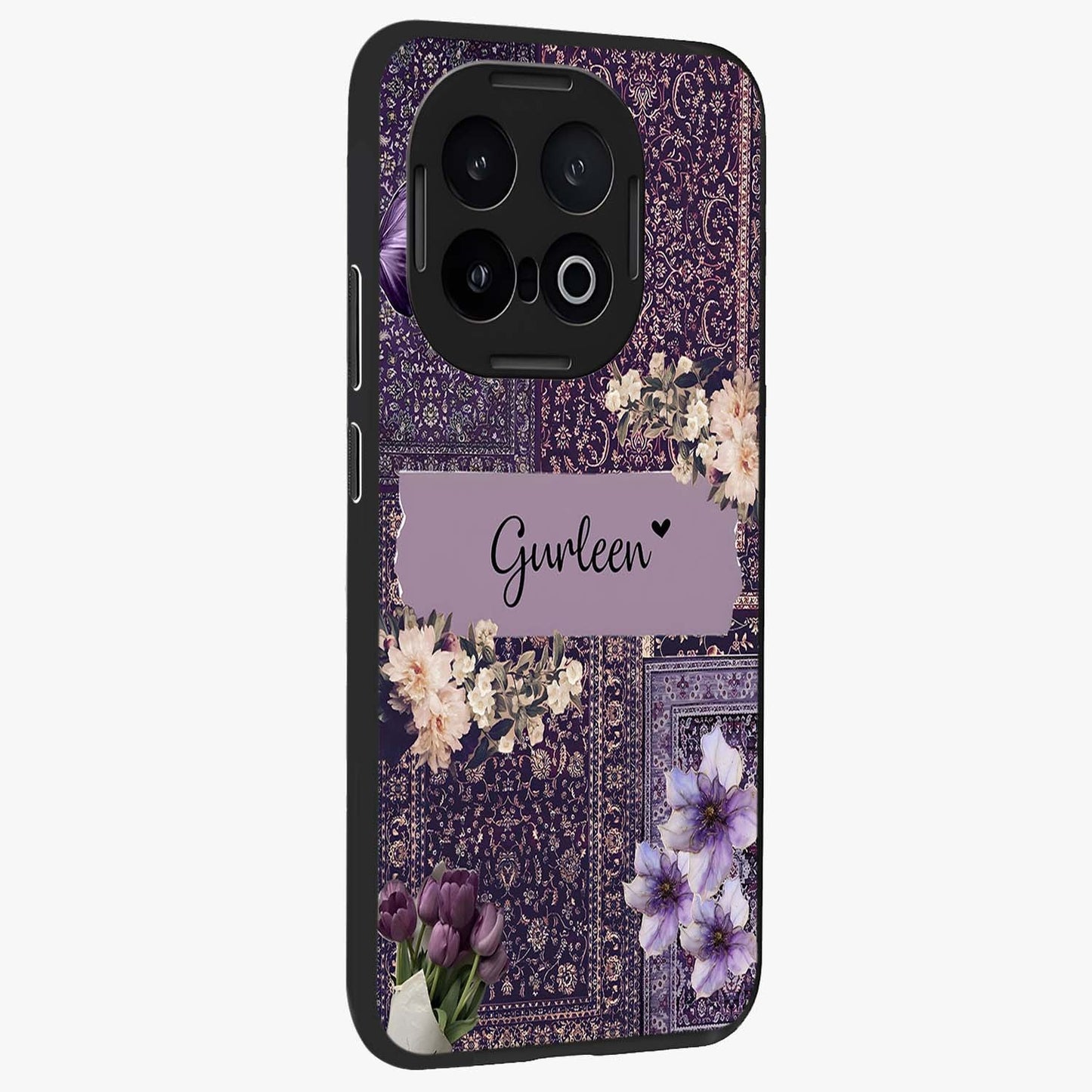 Antique Floral Whisper Custom Name Glass Case upright view showcasing delicate floral artwork with custom name feature.