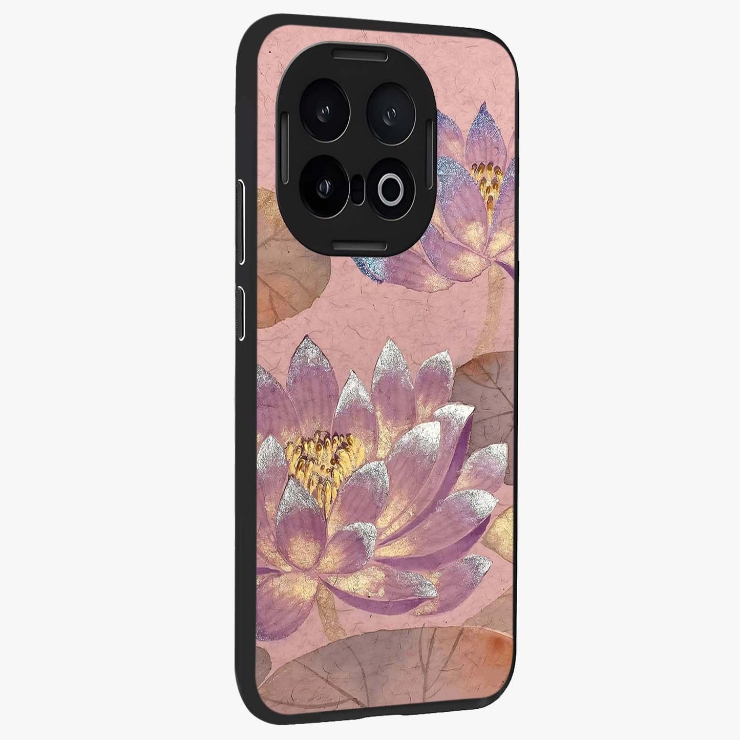 Blossom Mist Lotus Glass Case upright view showcasing graceful lotus flower design with peaceful botanical style.