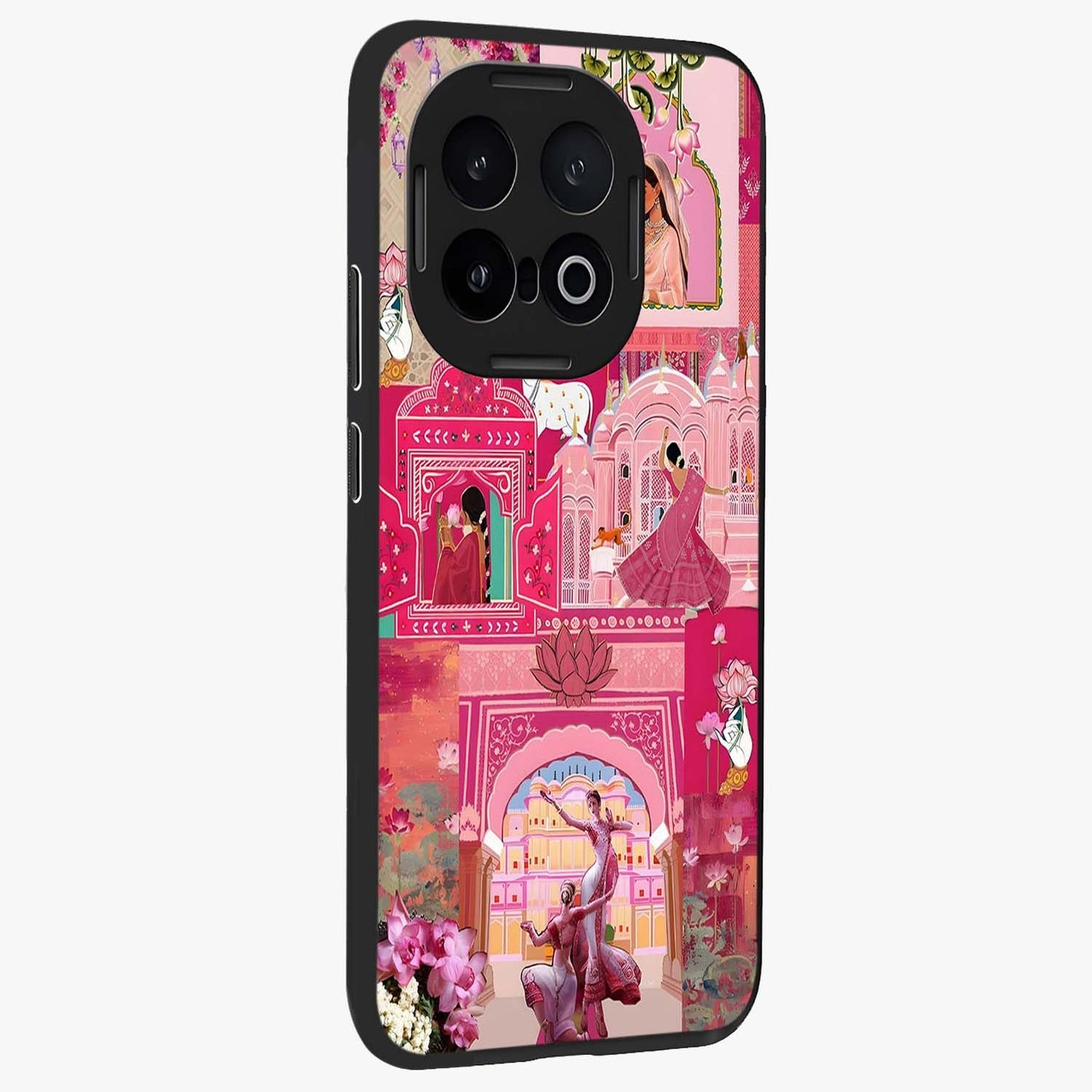 Blossoms of Rajasthan Glass Case upright view showcasing colorful floral design inspired by traditional Indian art.