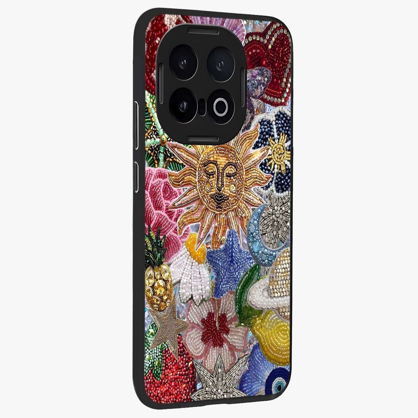 Celestial Floral and Playful Glass Case upright view showcasing whimsical floral artwork with cosmic aesthetic theme.