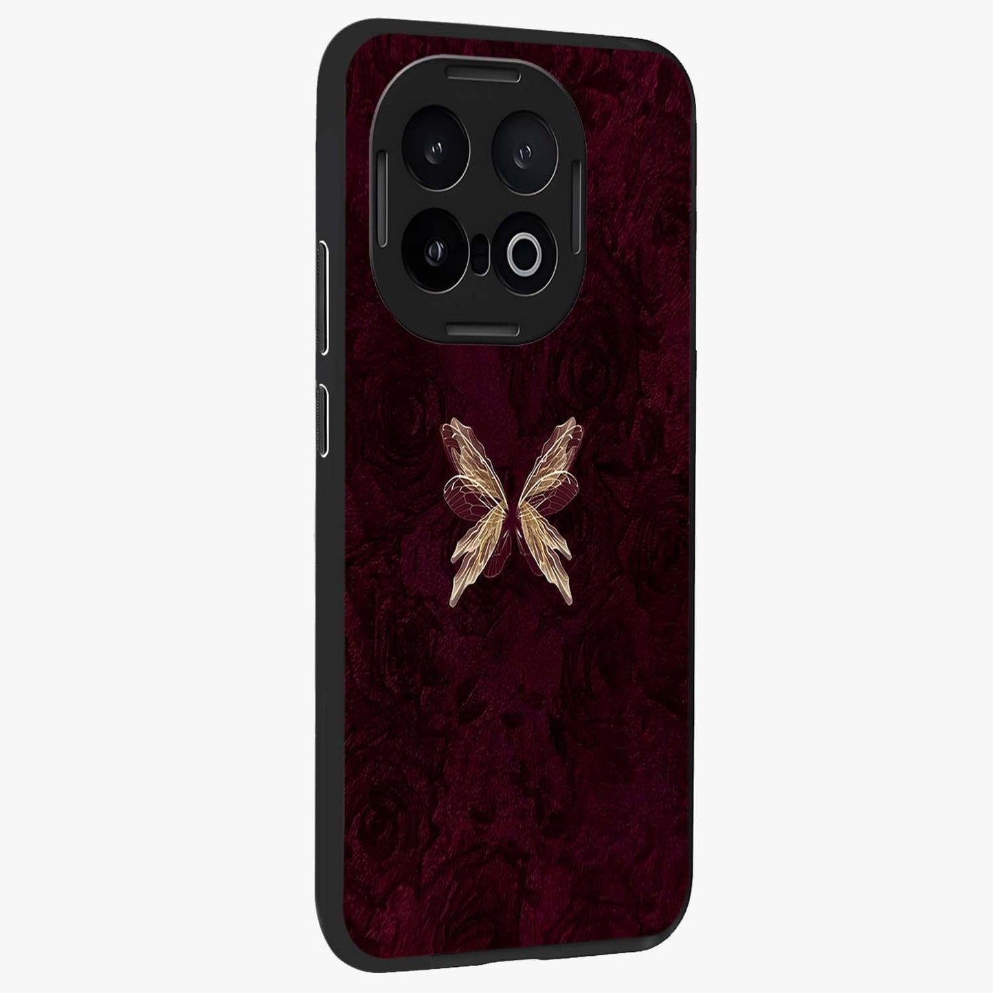 Crimson Fade Butterfly Glass Case upright view showcasing graceful butterfly artwork with soft crimson fade effect.