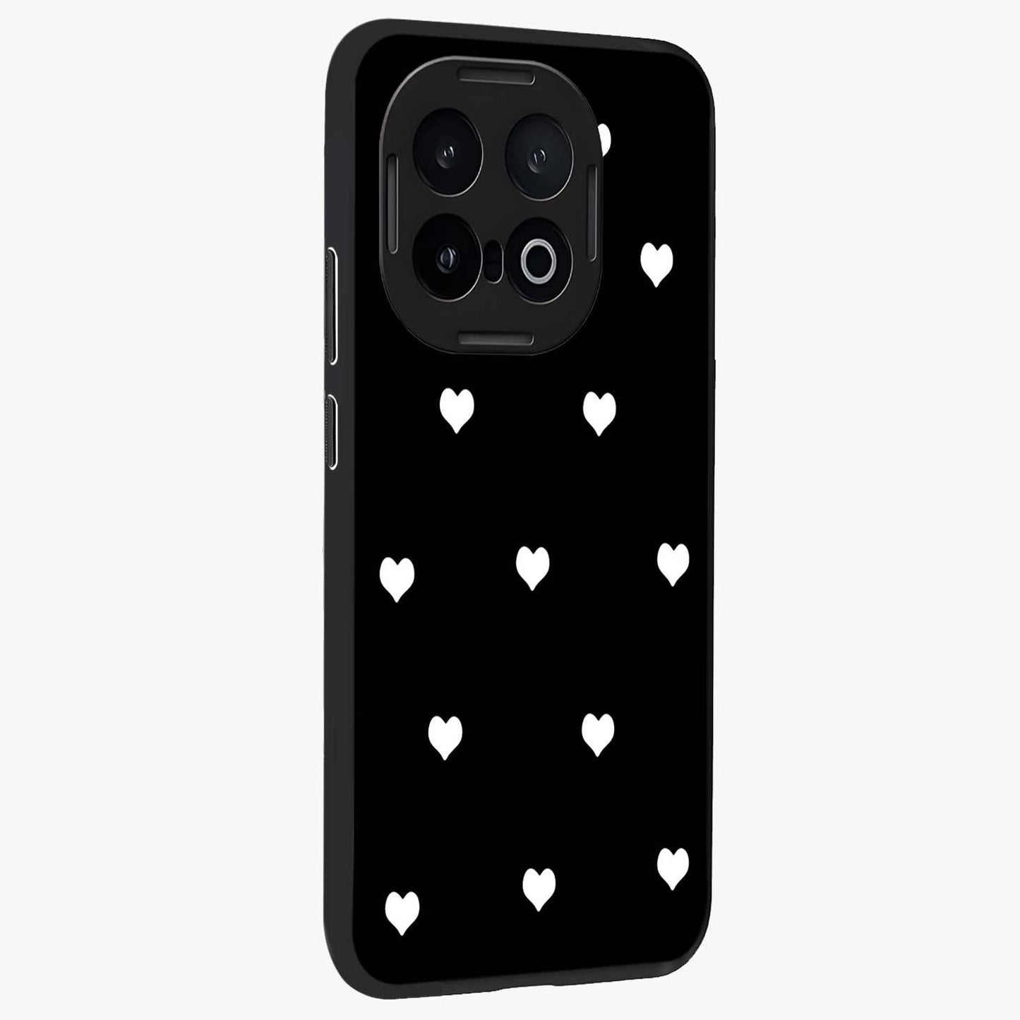 Cute And Simple White Hearts Glass Case upright view showcasing simple white hearts artwork with soft minimal theme.