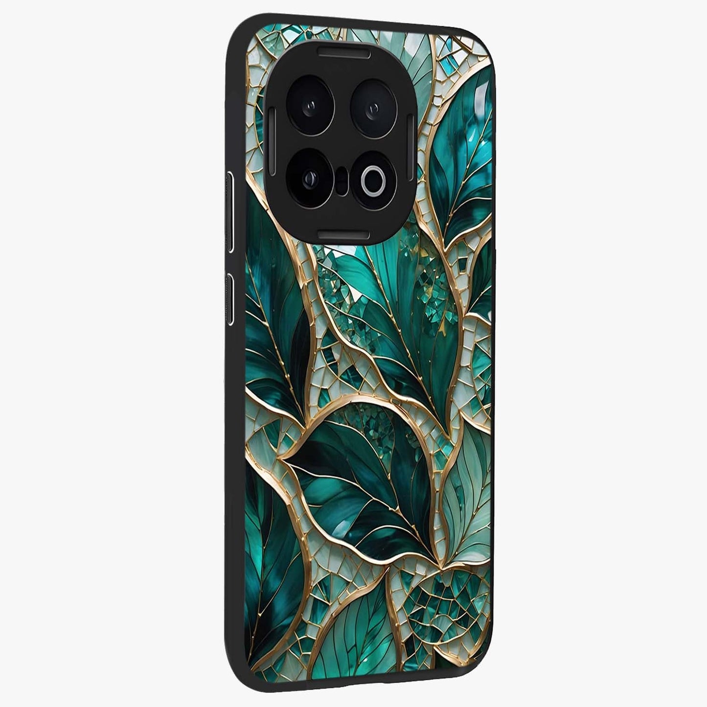 Emerald Leaf Glass Glass Case upright view showcasing fresh green leaf artwork with calming nature inspired style.