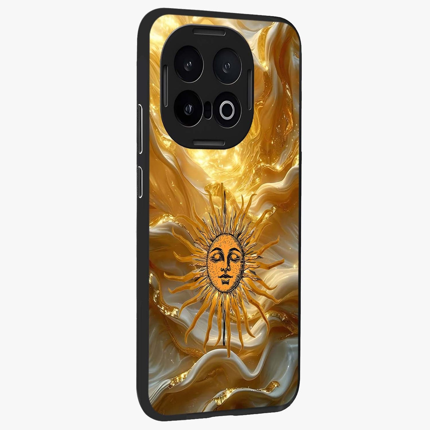Eternal Golden Glow Glass Case upright view showcasing luminous golden artwork with luxurious visual theme.