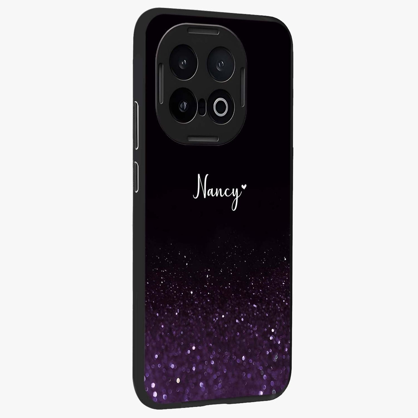 Glittery Purple Bokeh Custom Name Glass Case upright view showcasing vibrant purple sparkle artwork with personalized aesthetic style.