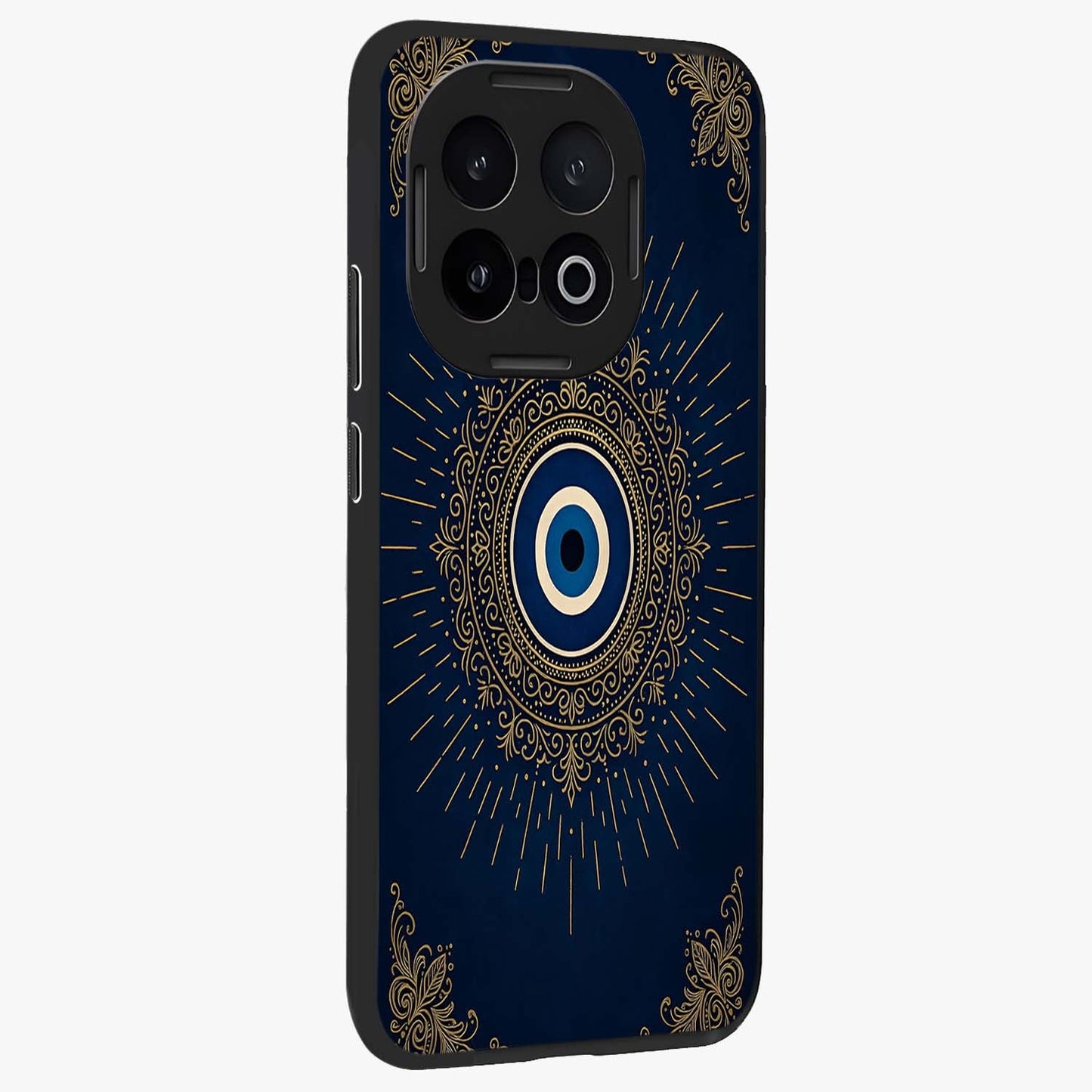Golden Celestial Charm Glass Case upright view showcasing radiant celestial artwork with elegant golden theme.