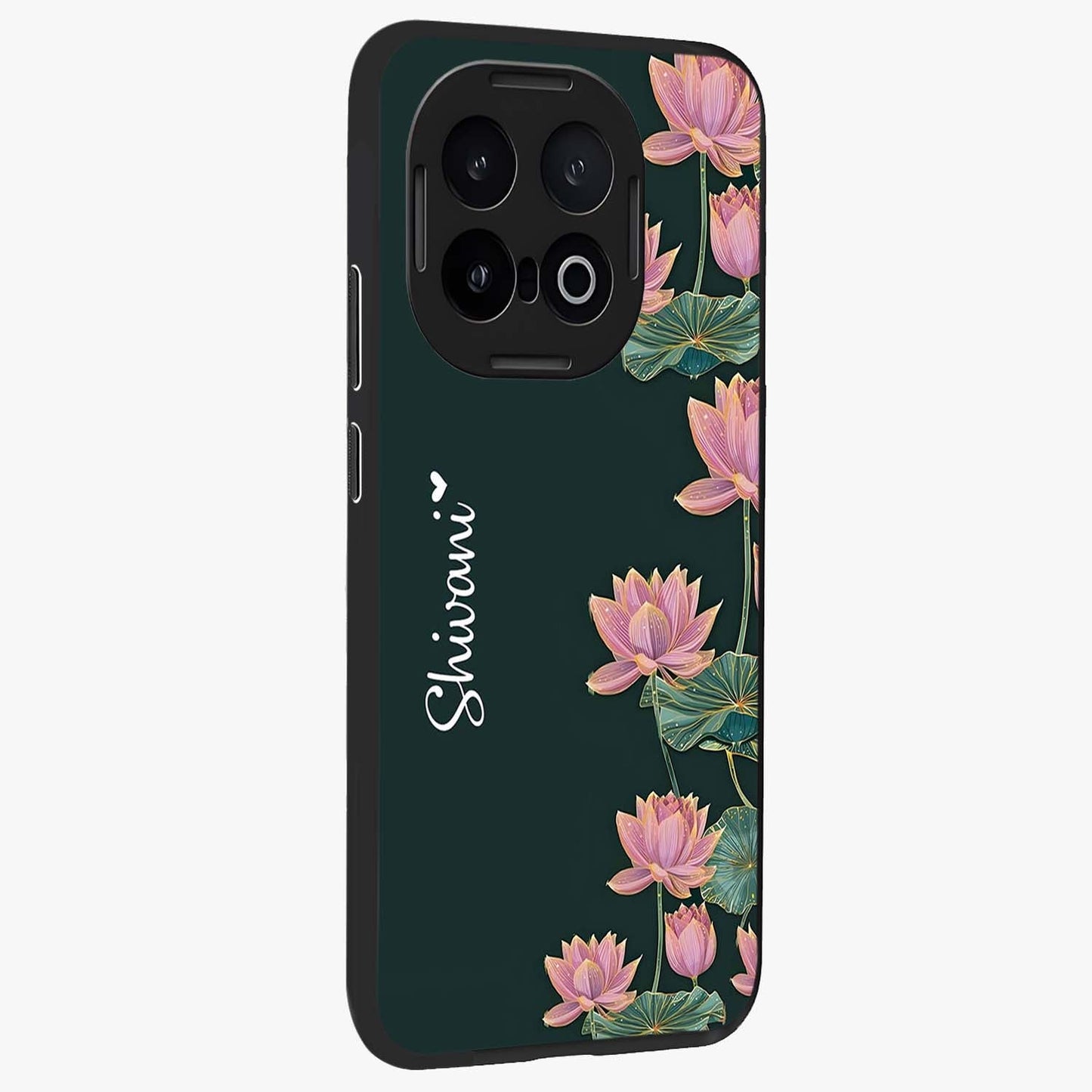 Lotus Bloom Serenity Custom Name Glass Case upright view showcasing serene lotus bloom artwork with personalized floral aesthetic.