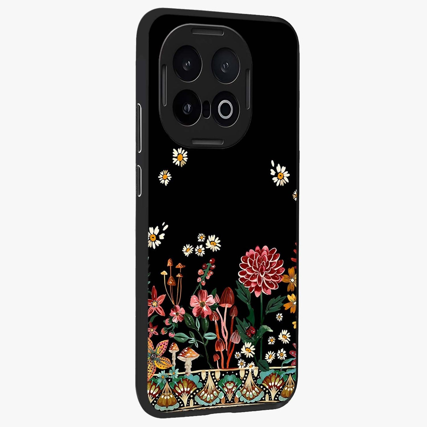 Midnight Bloom Pattern Glass Case upright view showcasing decorative floral artwork with deep night themed palette.