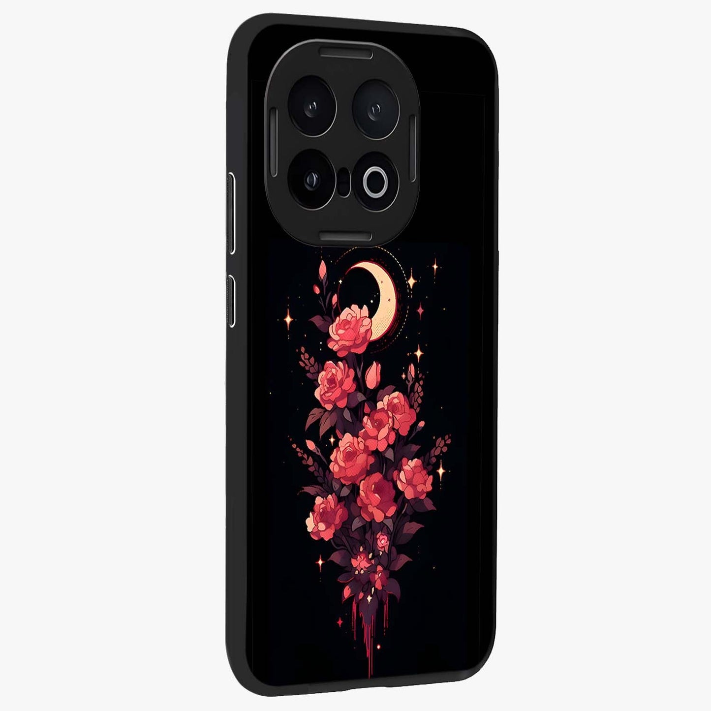 Moonlit Floral Elegance Glass Case upright view showcasing delicate floral artwork with refined night inspired theme.