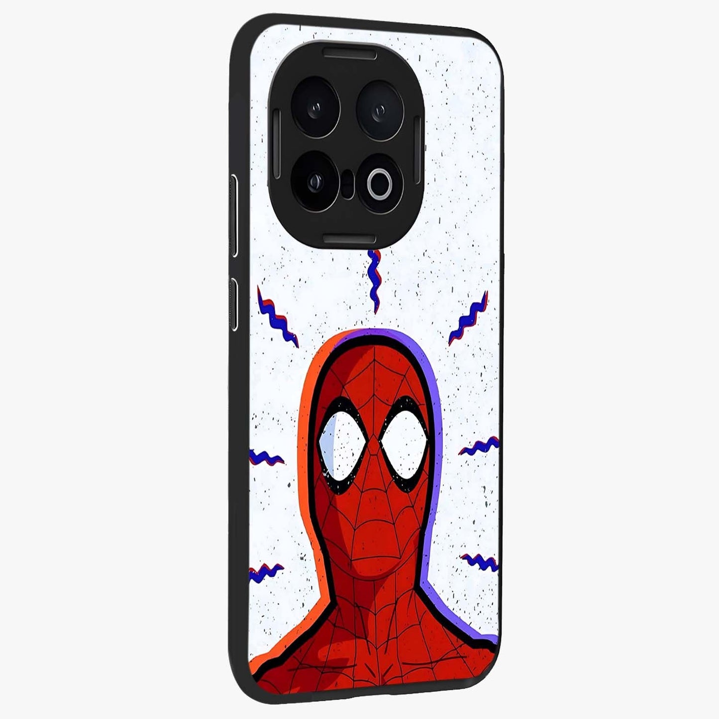 Omg Spiderman Glass Case upright view showcasing energetic superhero artwork with vibrant comic theme.