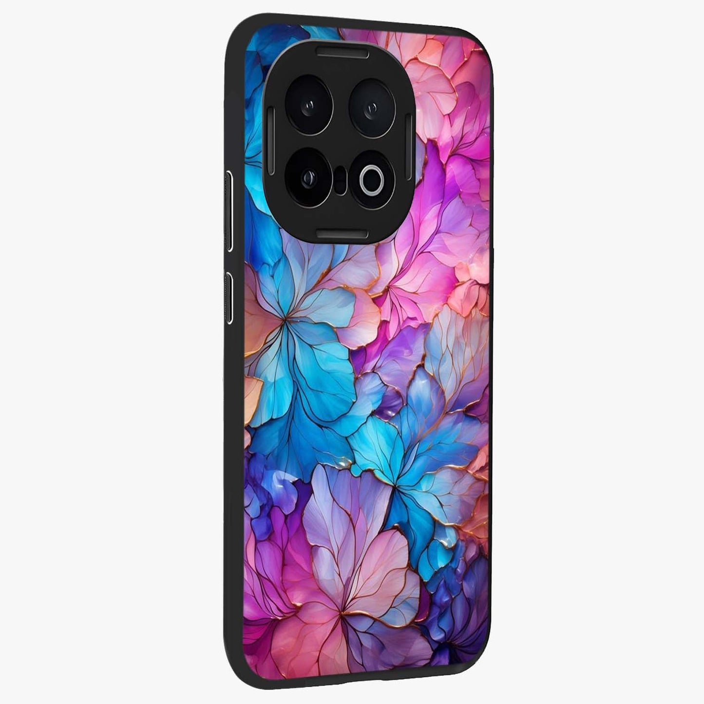 Radiant Floral Whirl Glass Case upright view showcasing lively floral artwork with decorative swirl theme.