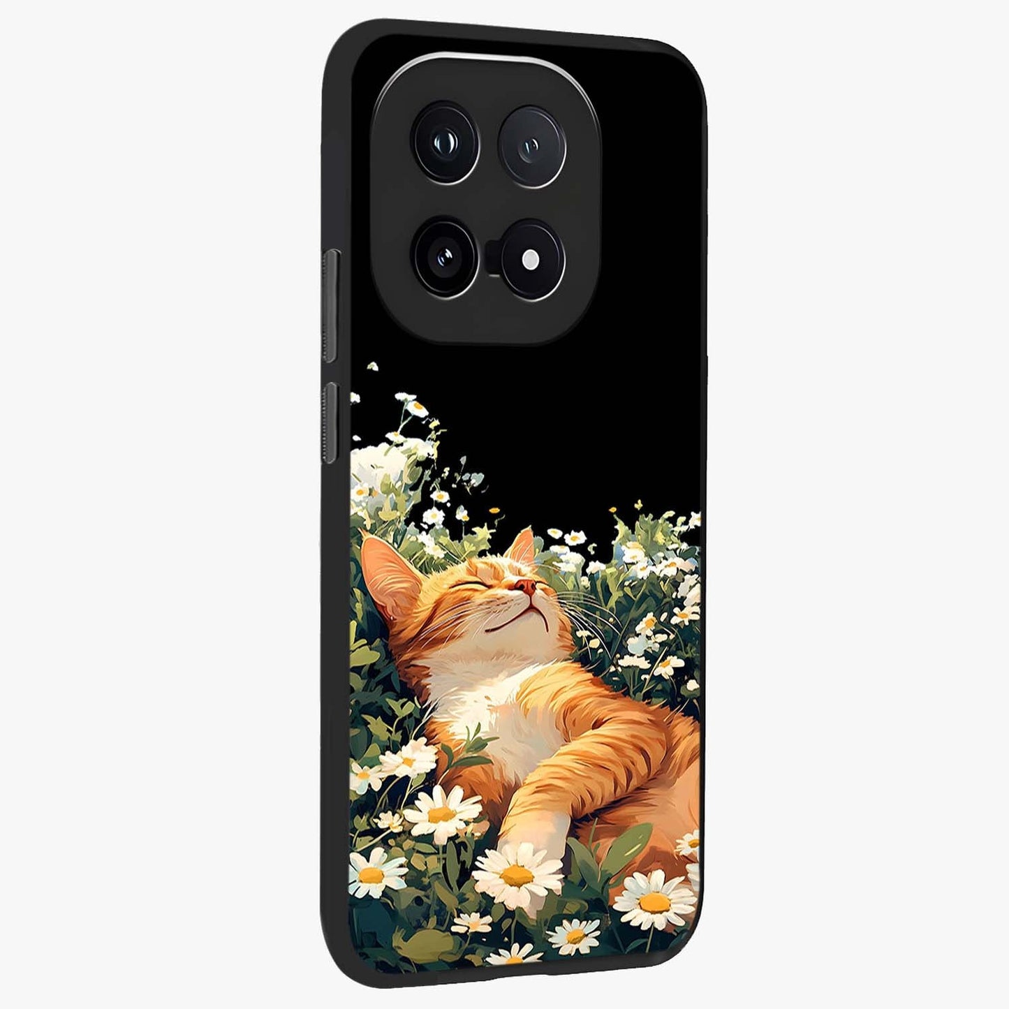 Blissful Bloom Cat Glass Case upright view showcasing charming cat design surrounded by blooming floral elements.