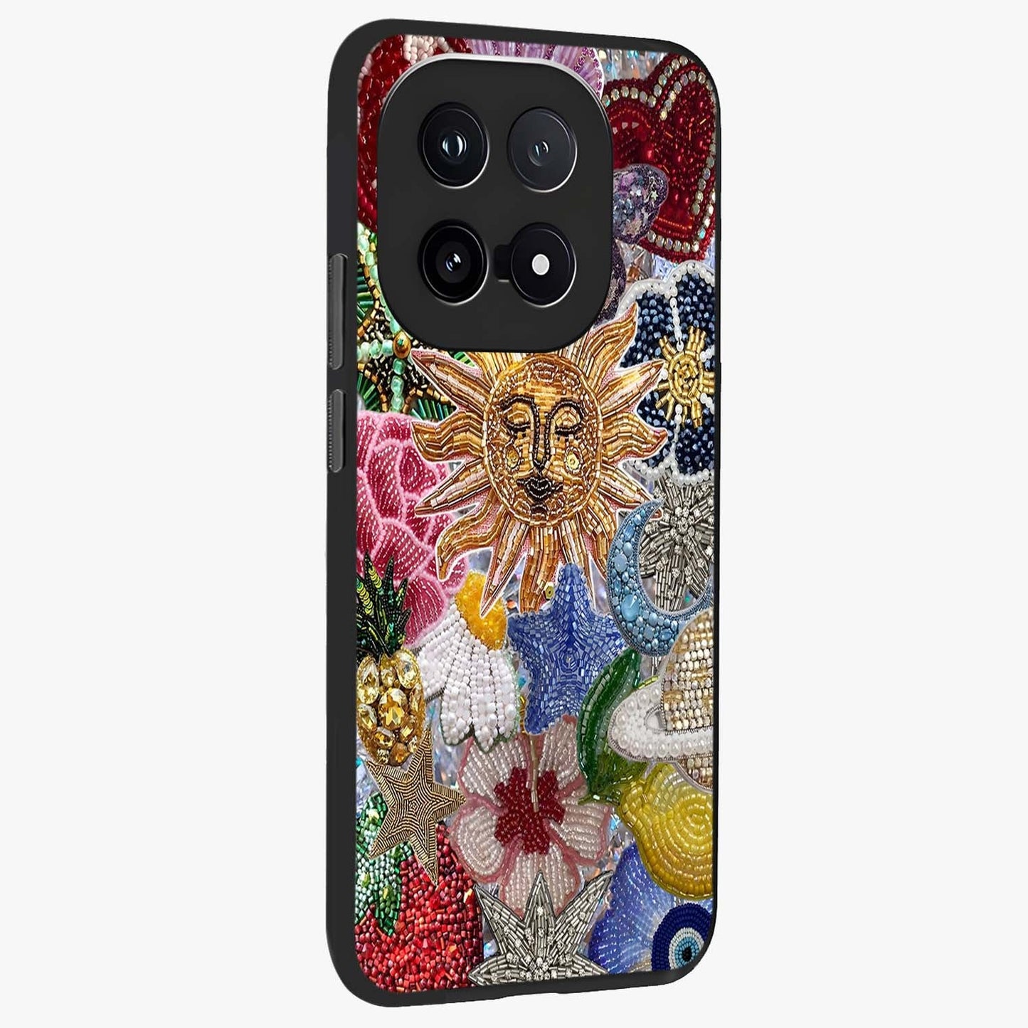 Celestial Floral and Playful Glass Case upright view showcasing whimsical floral artwork with cosmic aesthetic theme.