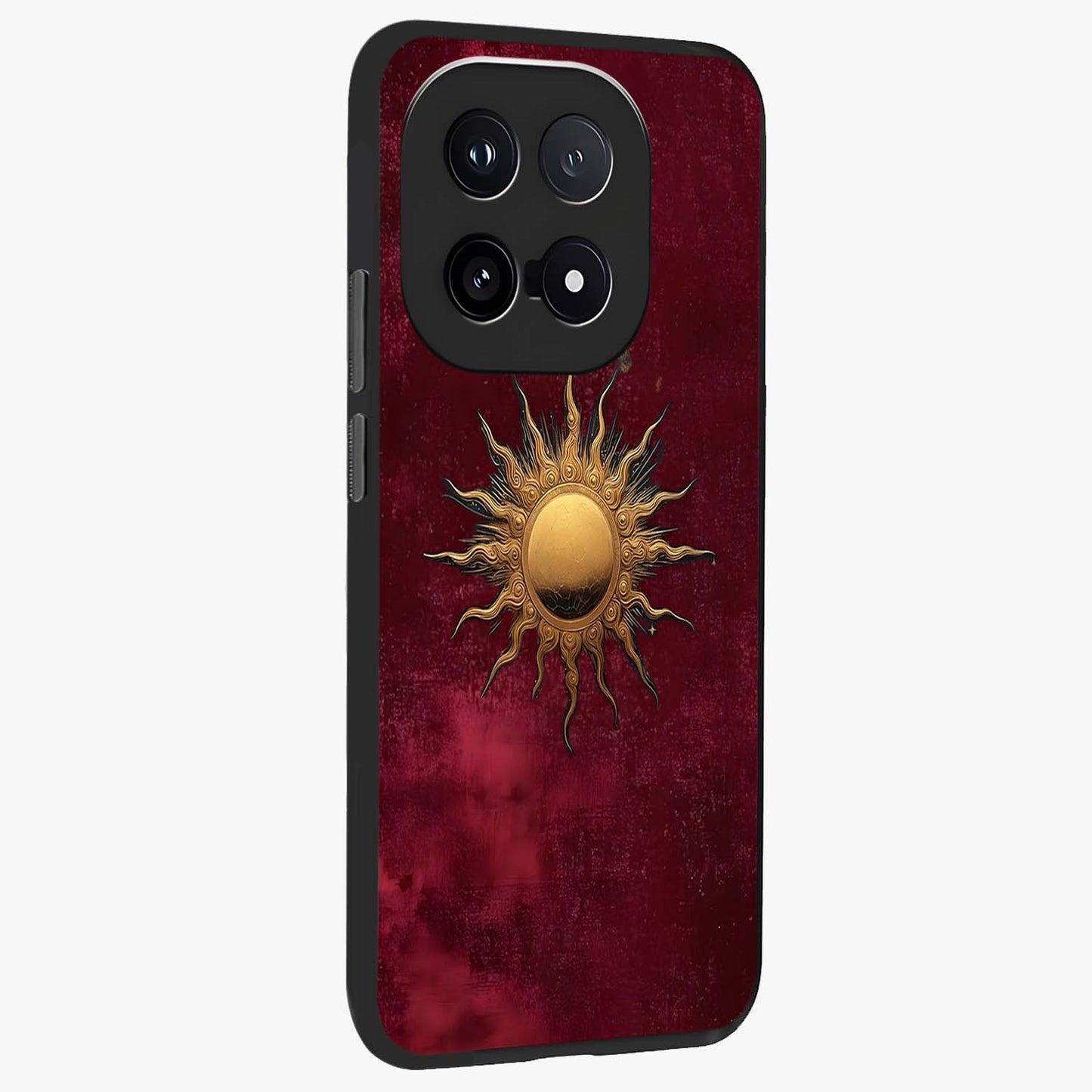 Golden Sun Minimalism Glass Case upright view showcasing simple golden sun artwork with elegant minimalist style.