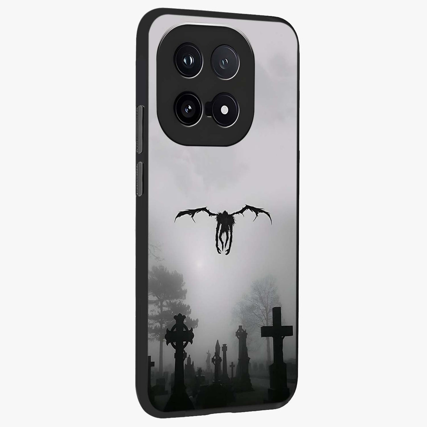 Graveyard Shadow Descent Glass Case upright view showcasing haunting graveyard artwork with dramatic dark theme.