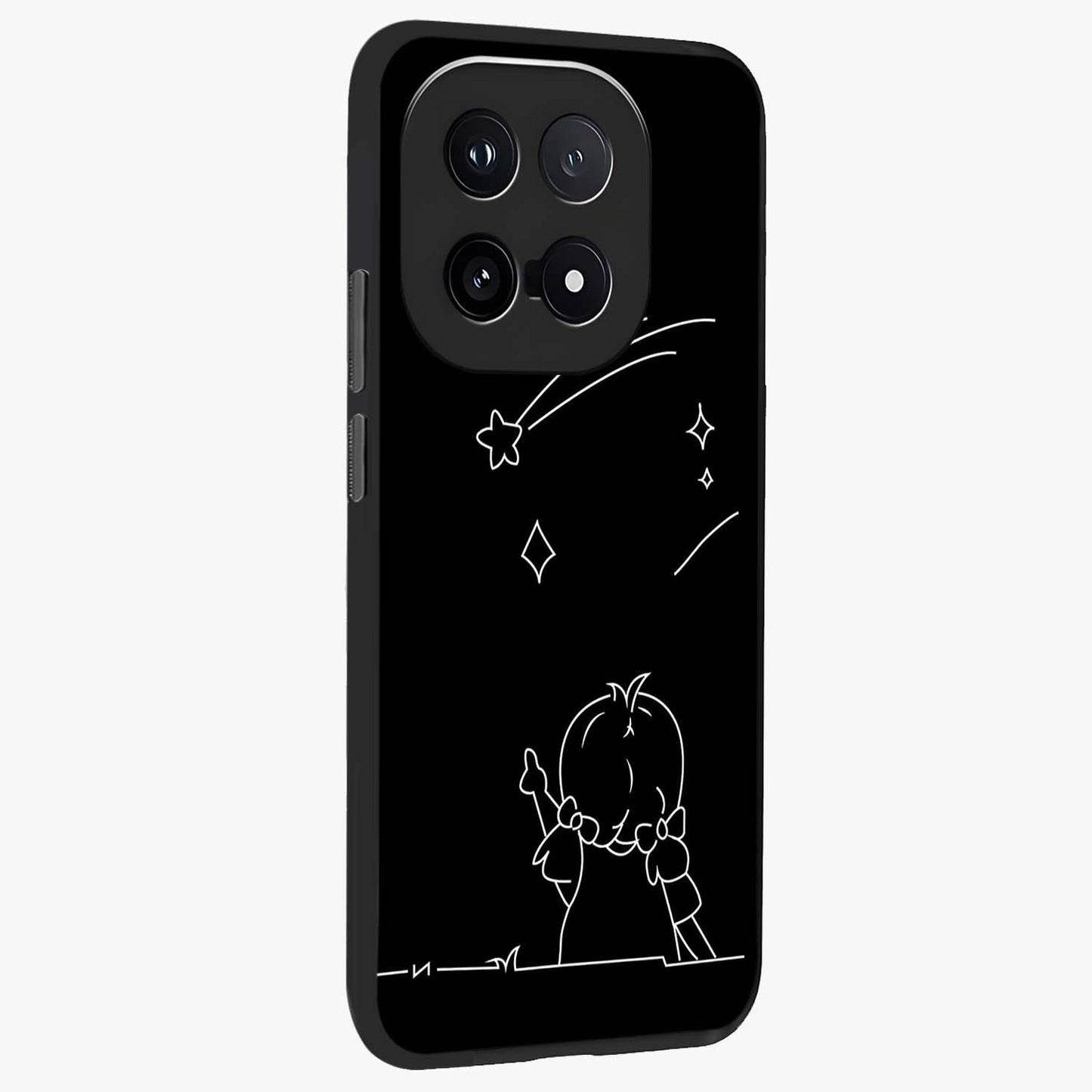 Line Art Girl With Shooting Stars Glass Case upright view showcasing delicate shooting stars artwork with minimal artistic theme.