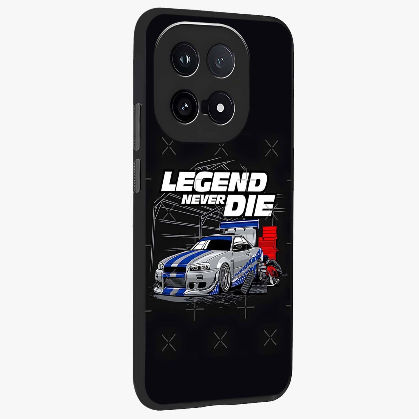 Midnight Racing Legacy Glass Case upright view showcasing powerful racing artwork with modern sports theme.