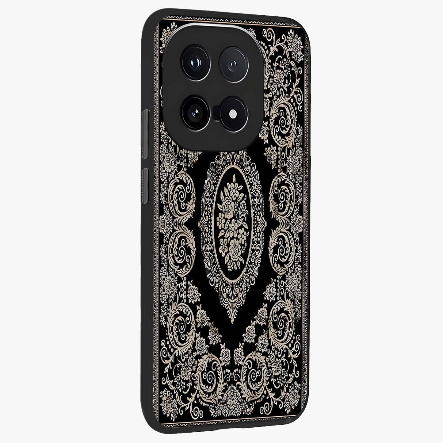 Noir Bloom Elegance Glass Case upright view showcasing graceful floral artwork with luxurious dark theme.