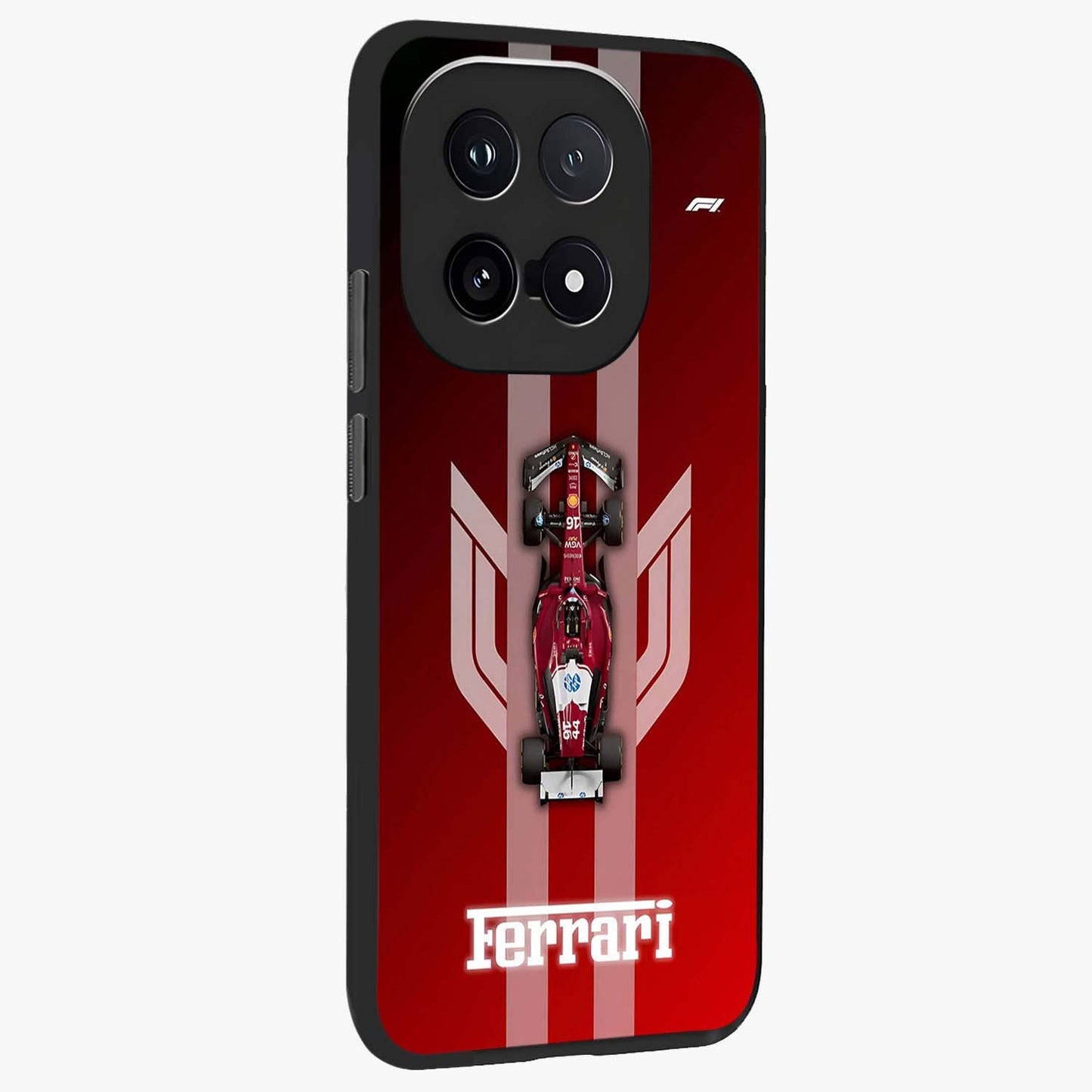 Red Ferrari F1 Vertical Glass Case upright view showcasing powerful Formula car artwork with dynamic motorsport theme.