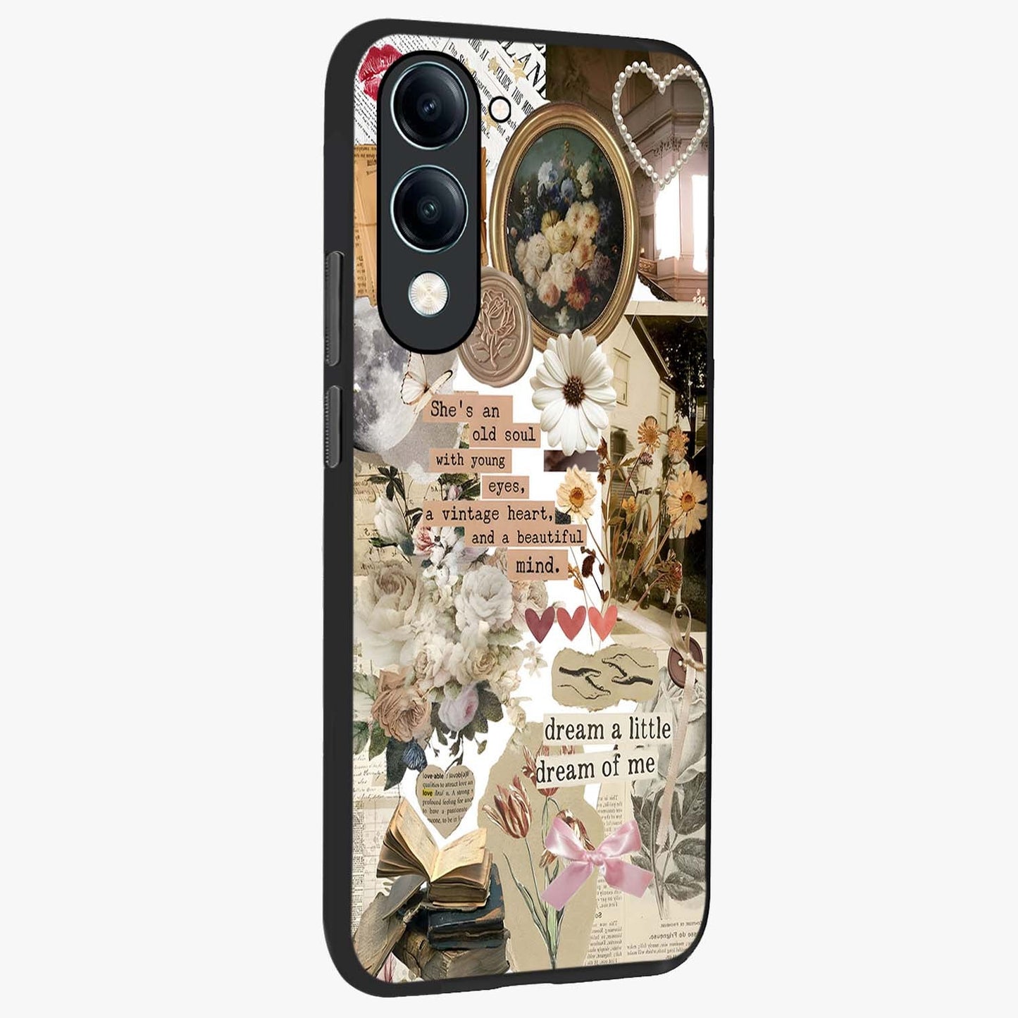 Aesthetic Brown Vintage Collage Glass Case upright view showcasing nostalgic retro artwork with stylish vintage theme.