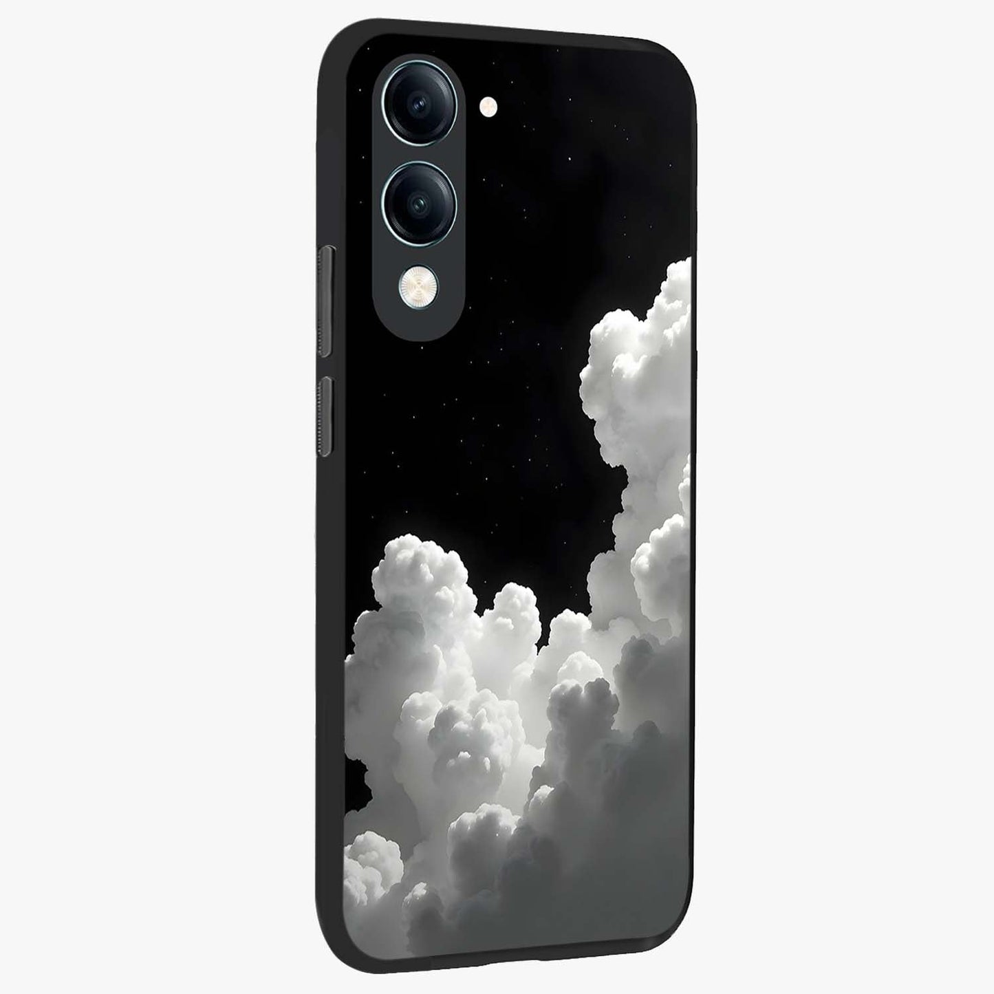 Black Background With White Cloud Glass Case upright view showcasing calm cloud aesthetic with modern minimal style.