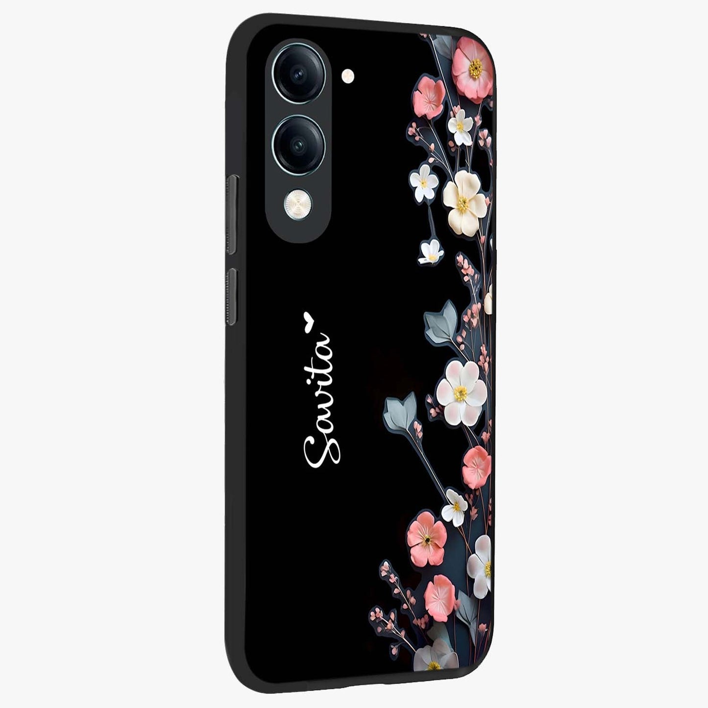 Black Elegance Floral Custom Name Glass Case upright view showcasing luxurious black floral design with personalized name detail.