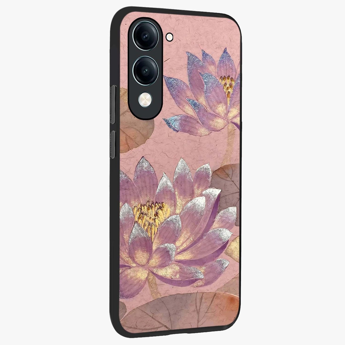 Blossom Mist Lotus Glass Case upright view showcasing graceful lotus flower design with peaceful botanical style.