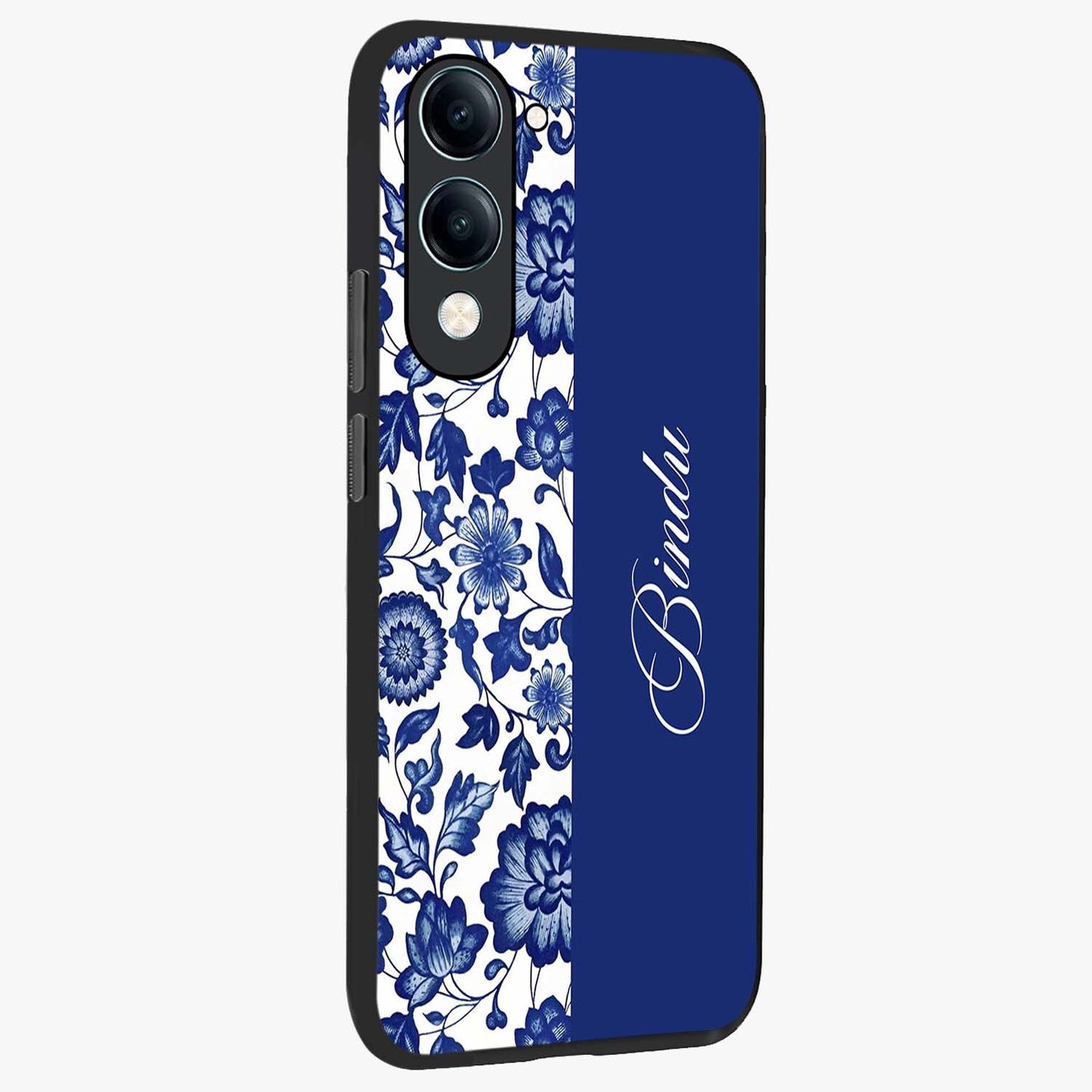 Blue Vintage Floral Pattern Glass Case upright view showcasing delicate blush floral texture with modern minimal style.