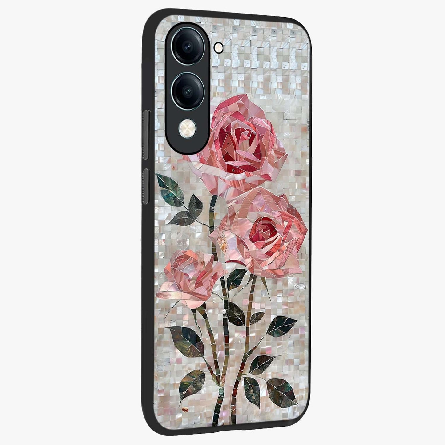 Blush Mosaic Bloom Glass Case upright view showcasing decorative floral mosaic artwork with stylish modern aesthetic.