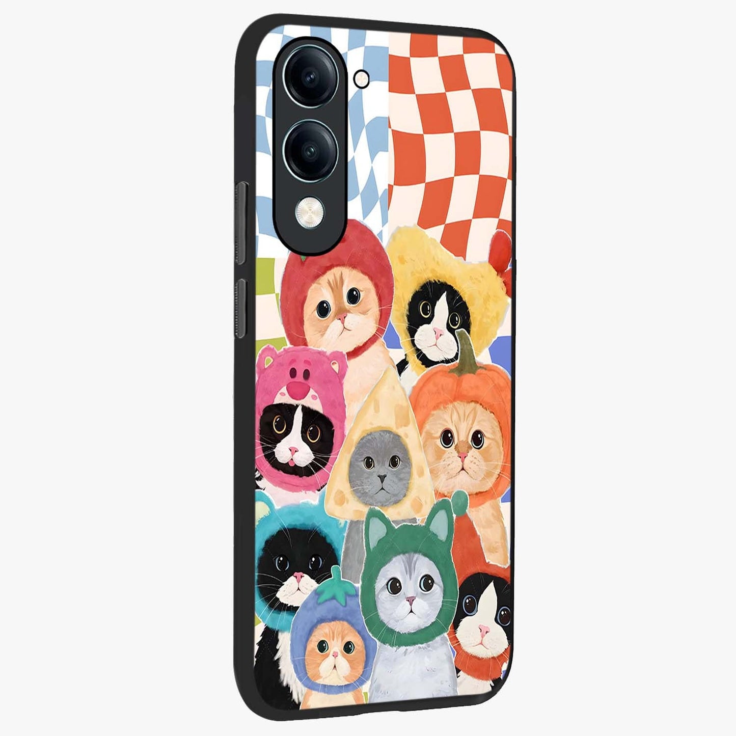 Cats in Fruits Glass Case upright view showcasing charming cat artwork with fun fruity theme.