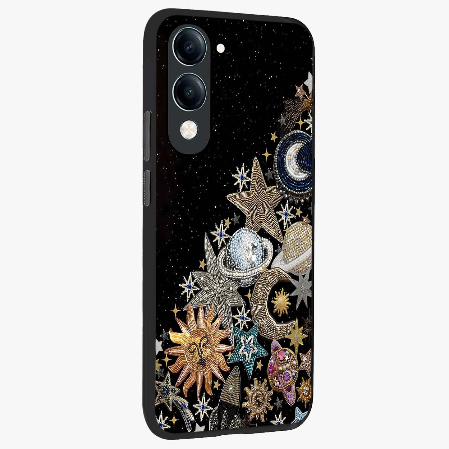 Cosmic Sparkle Dreams Glass Case upright view showcasing glowing cosmic artwork with magical galaxy theme.
