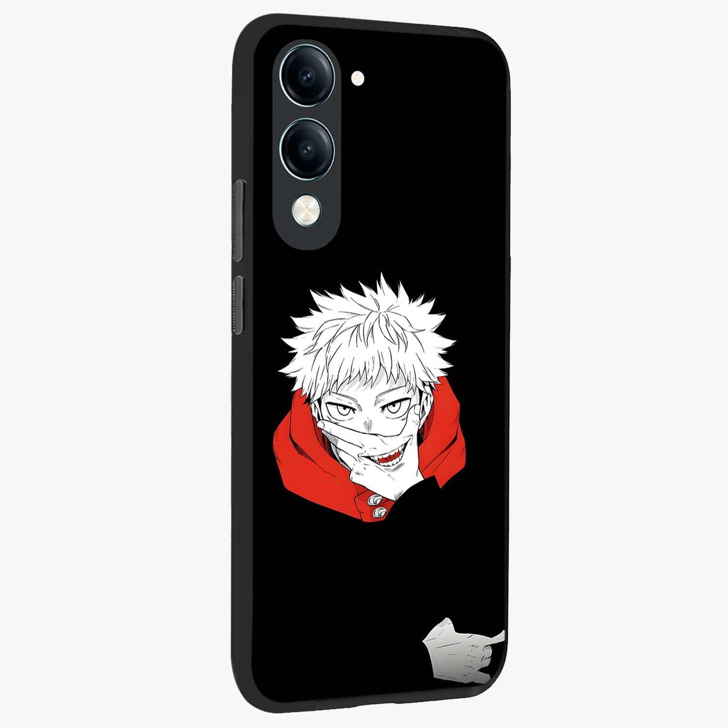 Crimson Chaos Smile Glass Case upright view showcasing expressive chaotic artwork with striking visual theme.