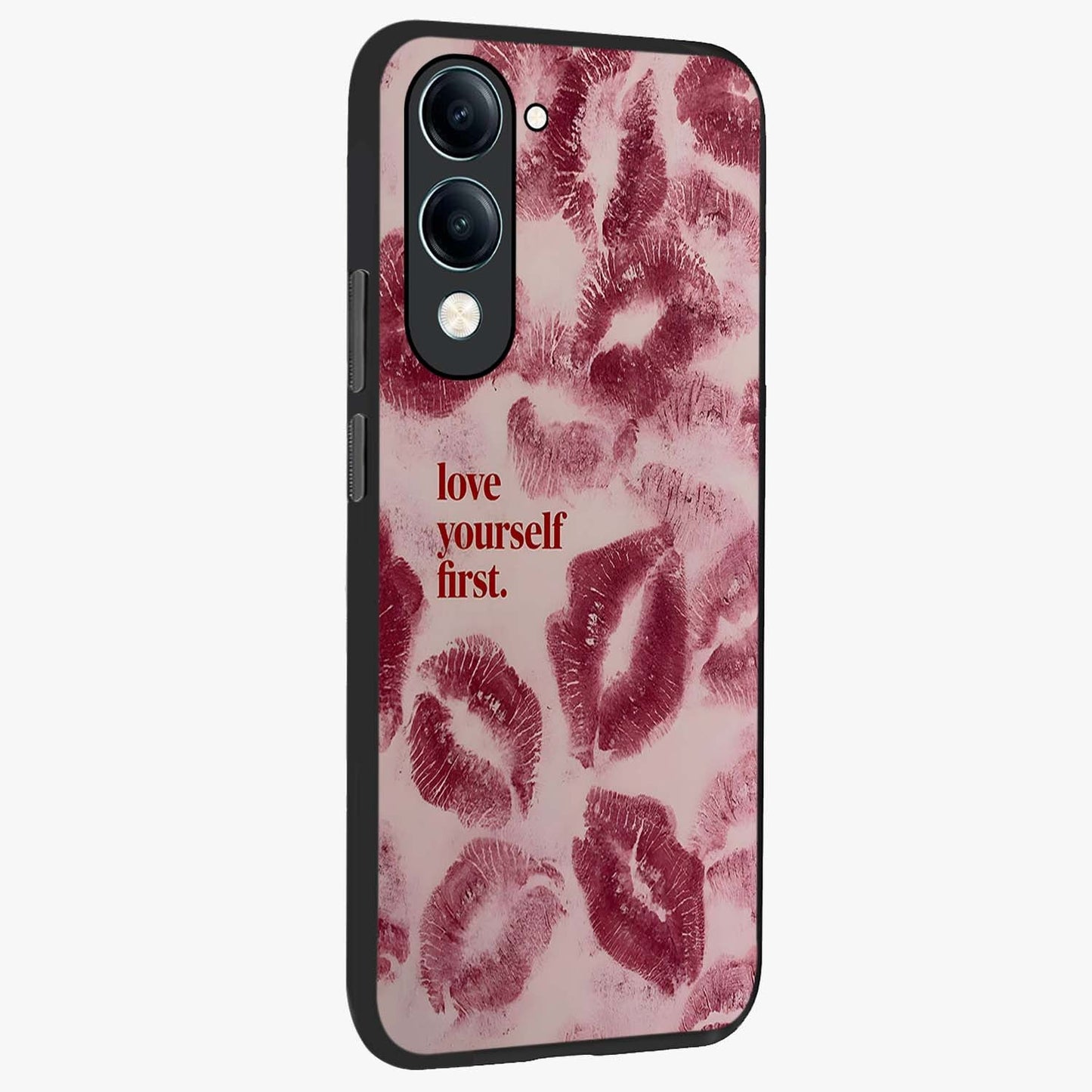 Crimson Kiss Love Glass Case upright view showcasing expressive romantic artwork with deep crimson theme.