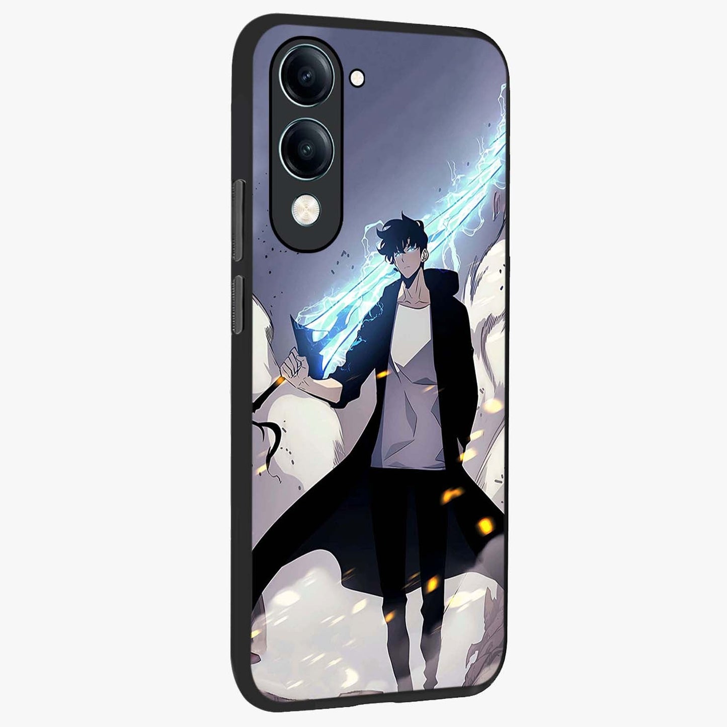 Dark Lightning Anime Warrior Glass Case upright view showcasing dramatic warrior artwork with dark lightning aesthetic.